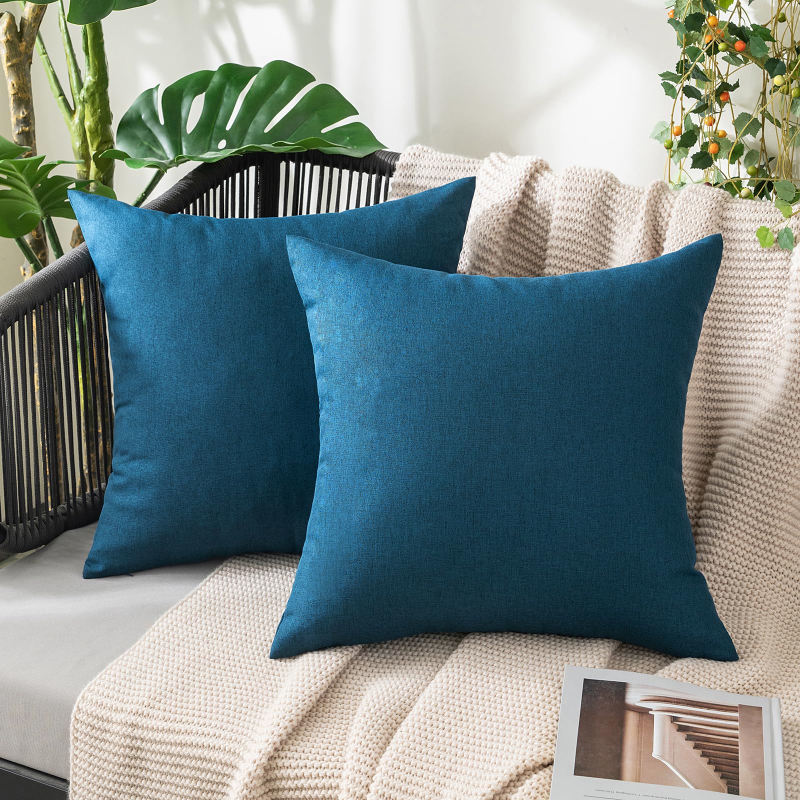 MIULEE Pack of 2 Decorative Outdoor Solid Waterproof Throw Pillow Covers Faux Linen Garden Farmhouse Cushion Cases for Summer Patio Tent Balcony Couch Sofa 18x18 Inch Navy