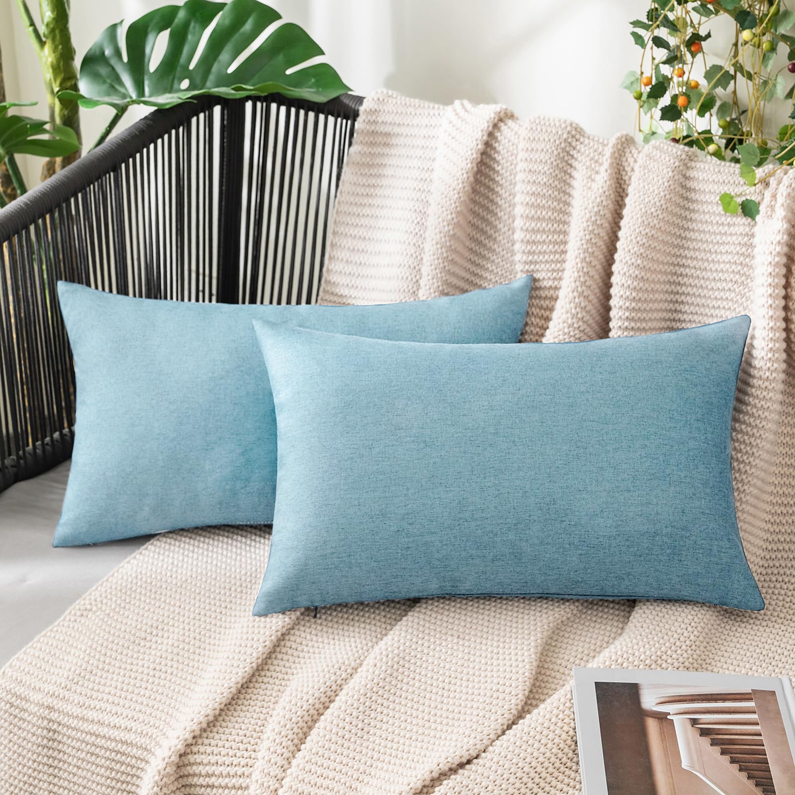 MIULEE Pack of 2 Decorative Outdoor Solid Waterproof Throw Pillow Covers Faux Linen Garden Farmhouse Cushion Cases for Summer Patio Tent Balcony Couch Sofa 18x18 Inch Navy