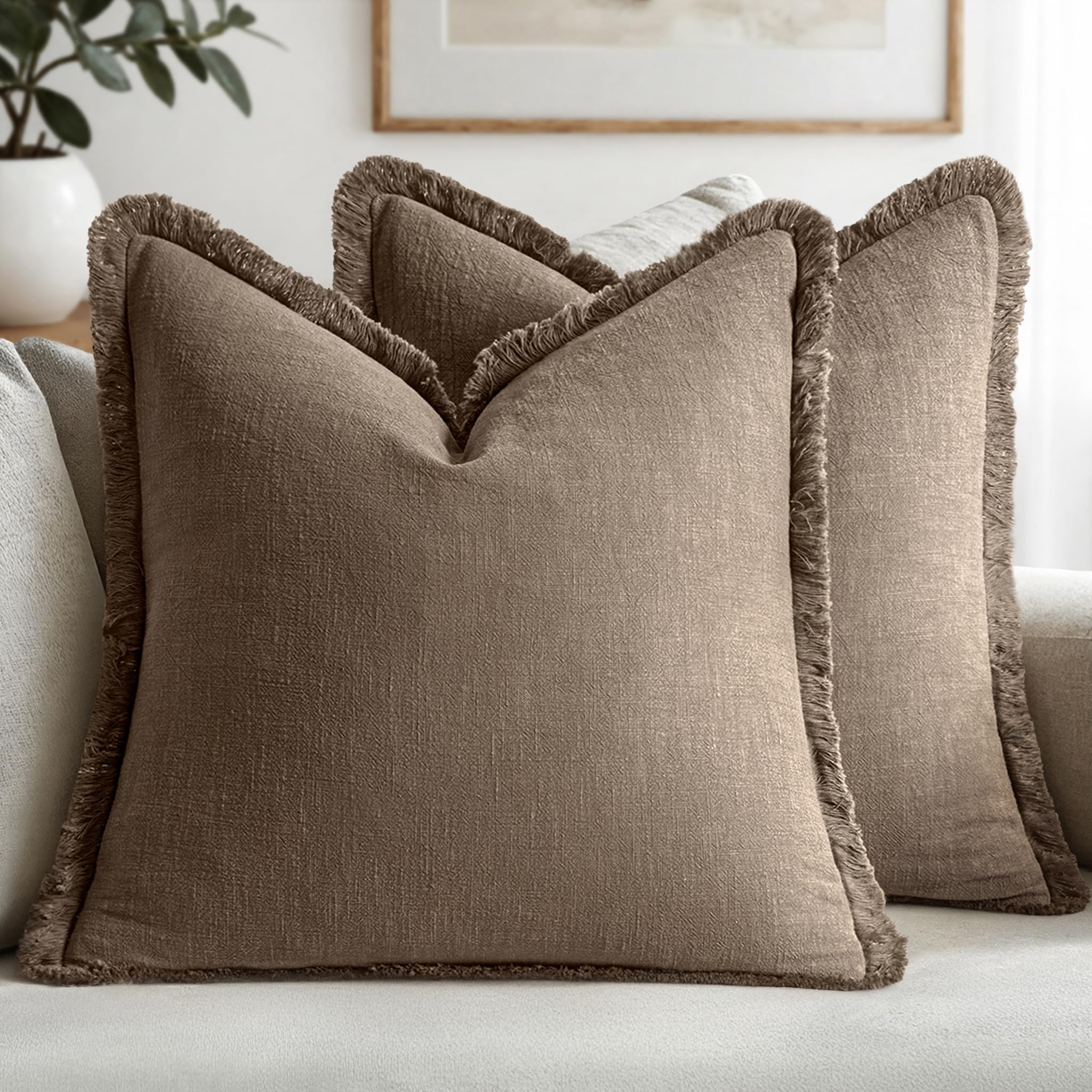 MIULEE Decorative Throw Pillow Covers Neutral Linen Fringe Throw Pillows Set of 2 Olive Green Boho Farmhouse Cushion Covers with Tassels for Couch Sofa Bed Living Room Spring Home Decor 20x20 Inch