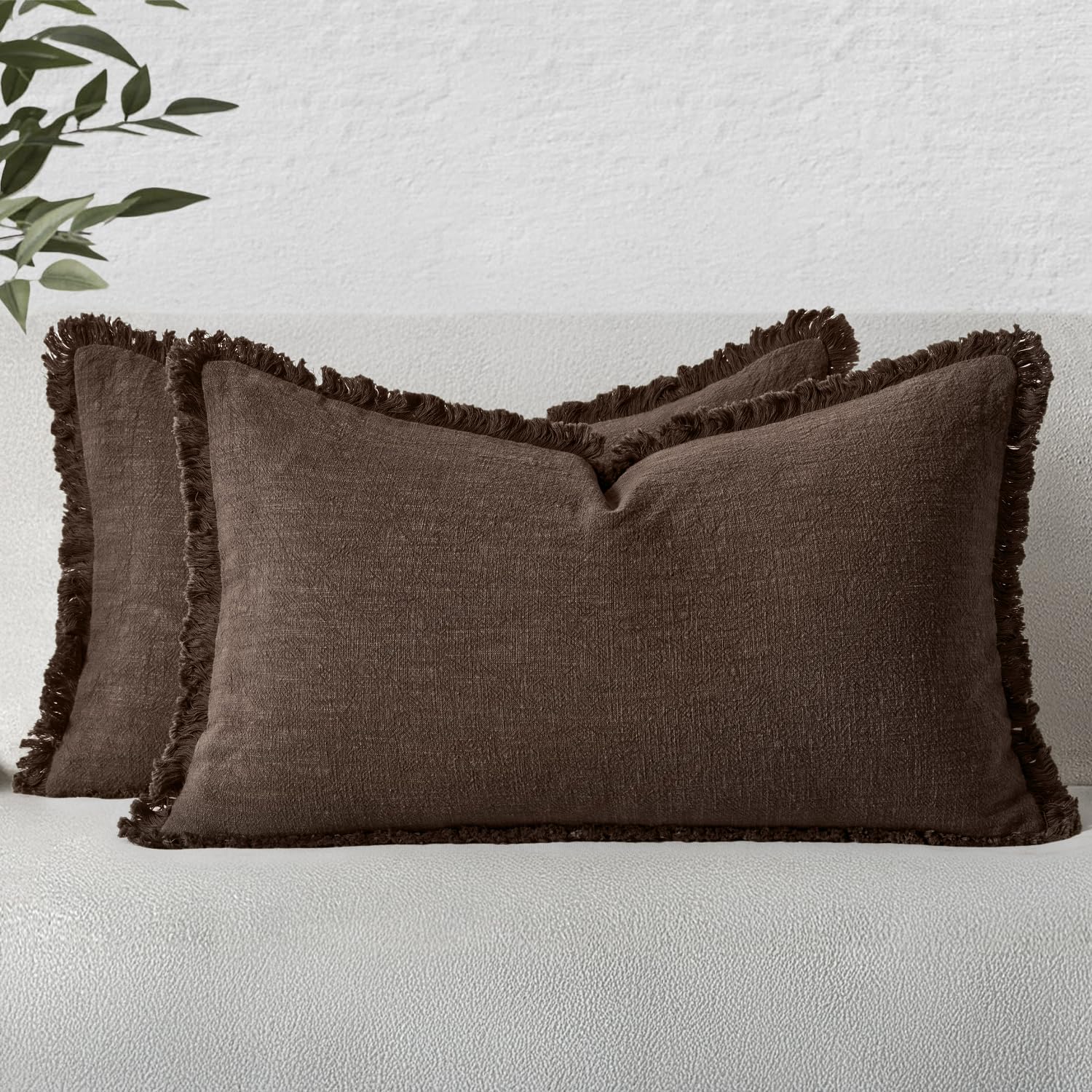 MIULEE Decorative Throw Pillow Covers Neutral Linen Fringe Throw Pillows Set of 2 Olive Green Boho Farmhouse Cushion Covers with Tassels for Couch Sofa Bed Living Room Spring Home Decor 20x20 Inch