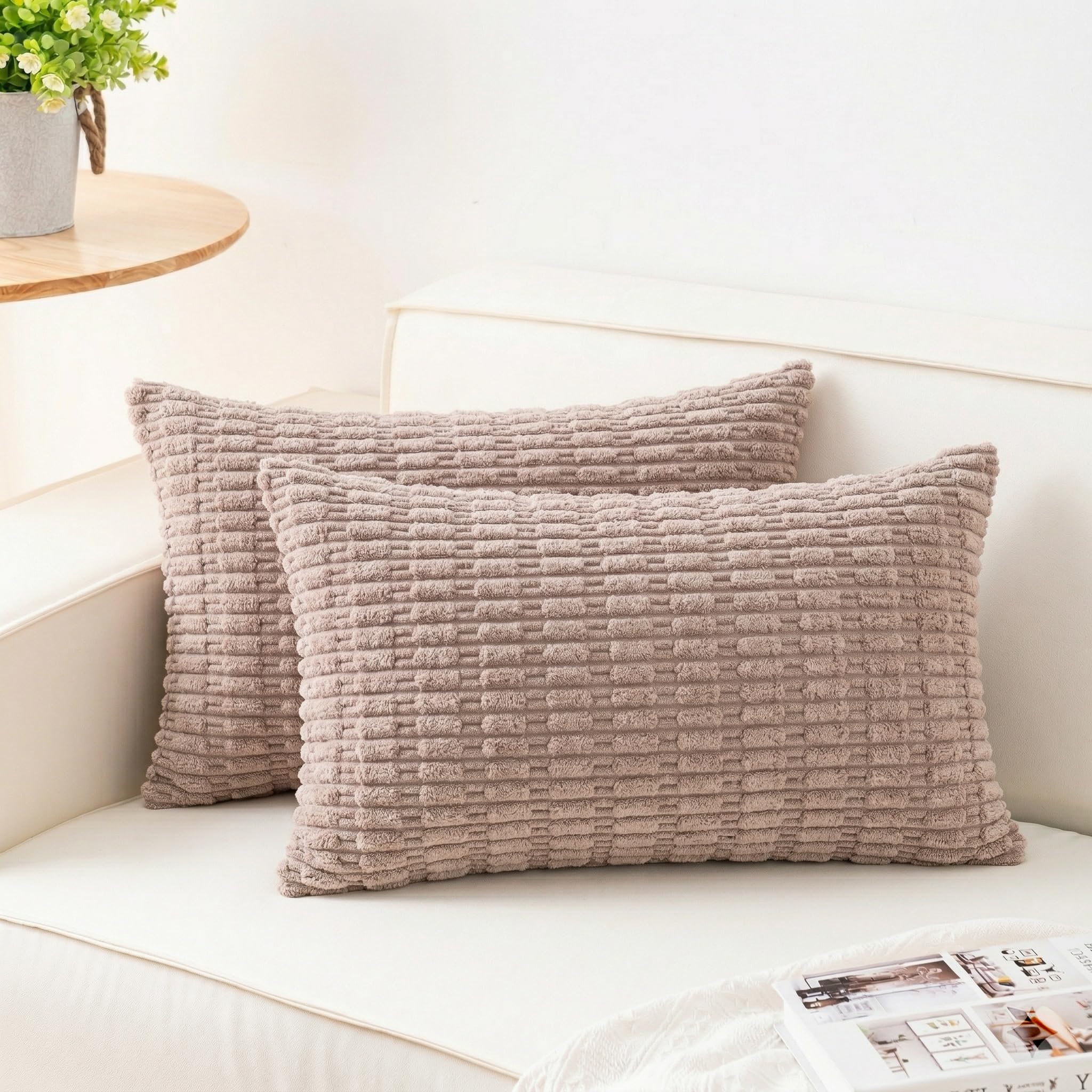 Aegero Pack of 2 Corduroy Decorative Throw Pillow Covers 18x18 Inch Soft Striped Pillow Covers Modern Farmhouse Home Decor for Sofa Living Room Couch Bed(Cream White)