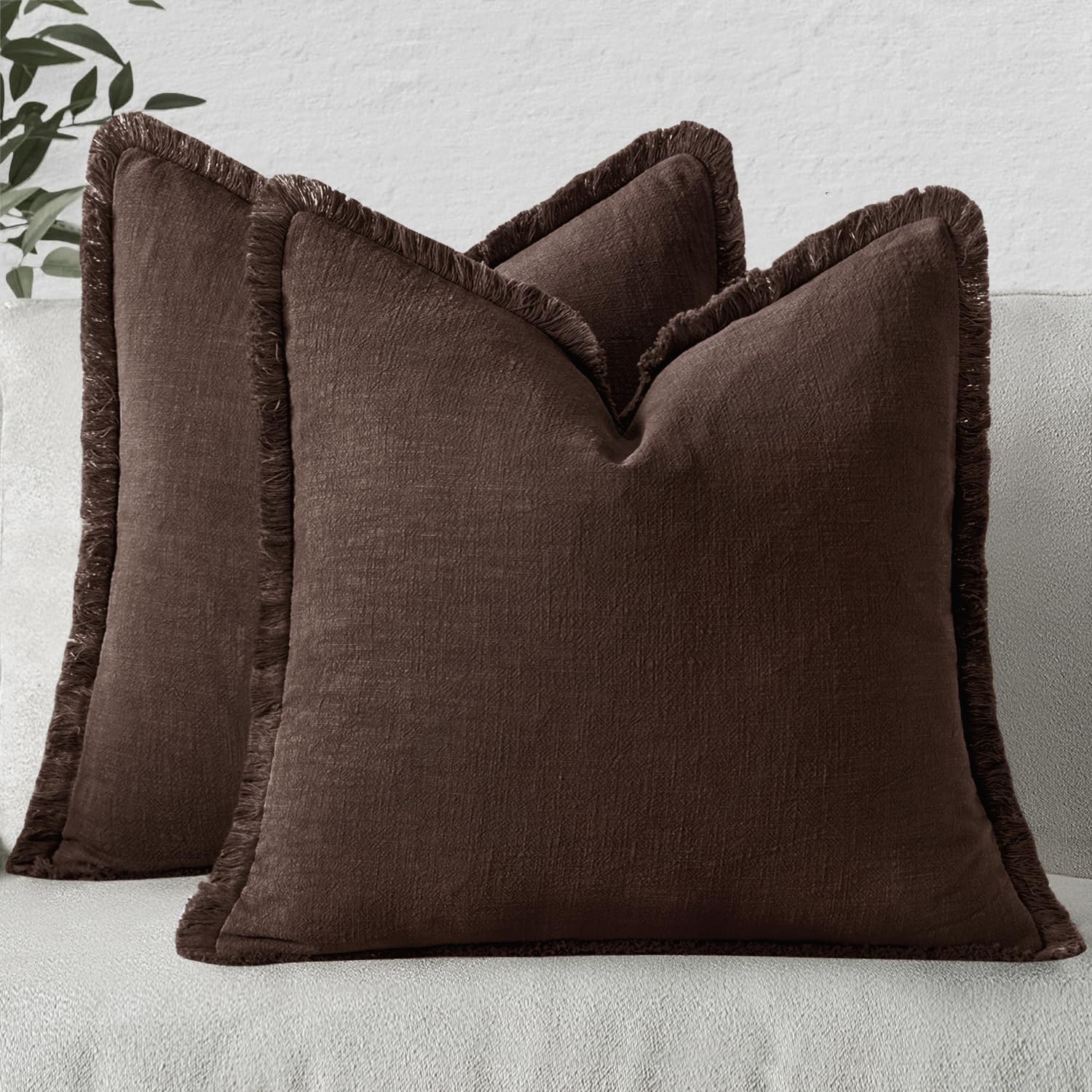 MIULEE Decorative Throw Pillow Covers Neutral Linen Fringe Throw Pillows Set of 2 Olive Green Boho Farmhouse Cushion Covers with Tassels for Couch Sofa Bed Living Room Spring Home Decor 20x20 Inch