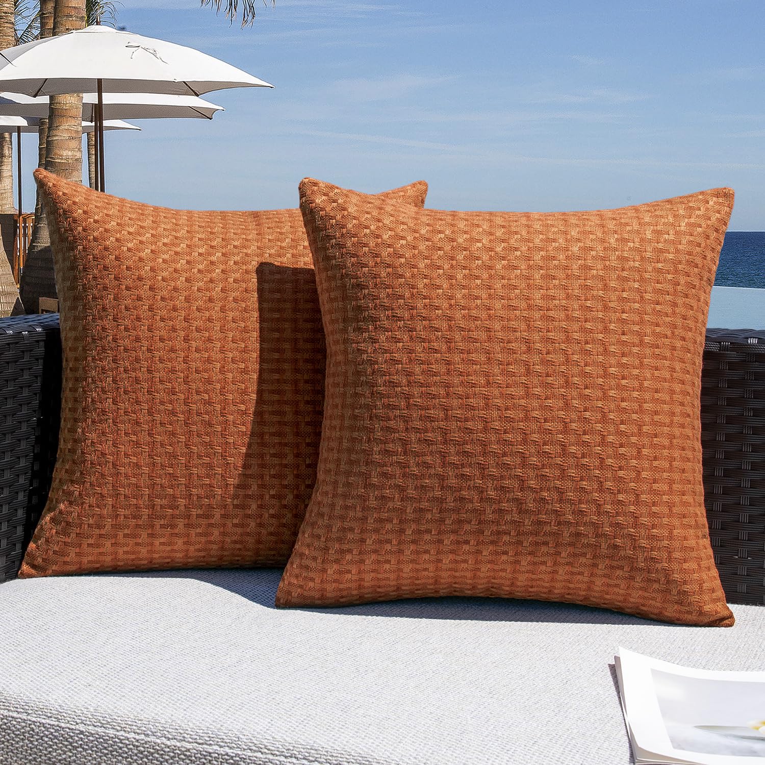 Kevin Textile Outdoor Waterproof Throw Pillow Covers Pack of 2 Weaving Texture Water Resistant Outside Decorative Cushion Covers for Garden Patio Tent Balcony Bench Couch Sofa 18x18 Inch, Navy Blue