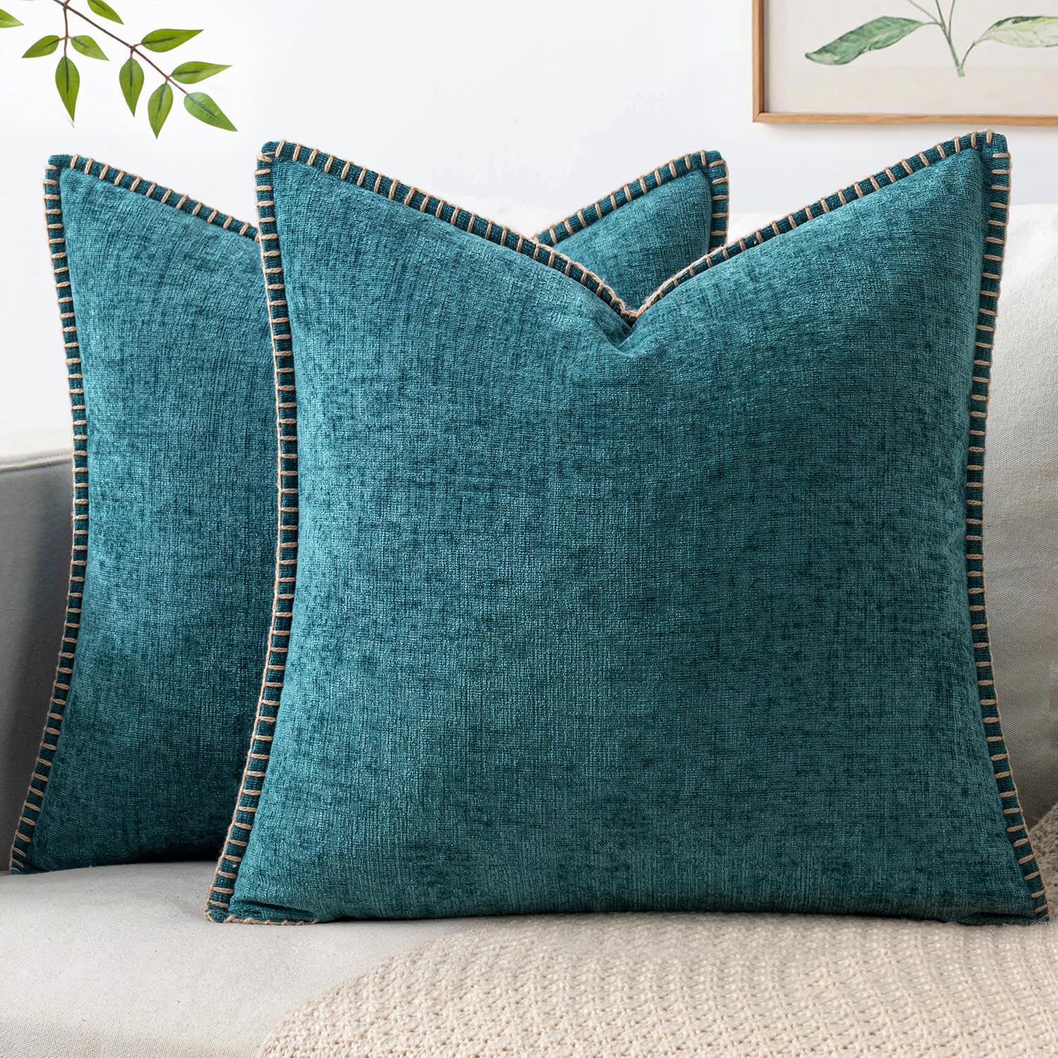 MIULEE Pack of 2 Couch Throw Pillow Covers 18x18 Inch Sage Green Farmhouse Decorative Pillow Covers with Stitched Edge Soft Chenille Solid Dyed Summer Pillow Covers for Sofa Bed Living Room