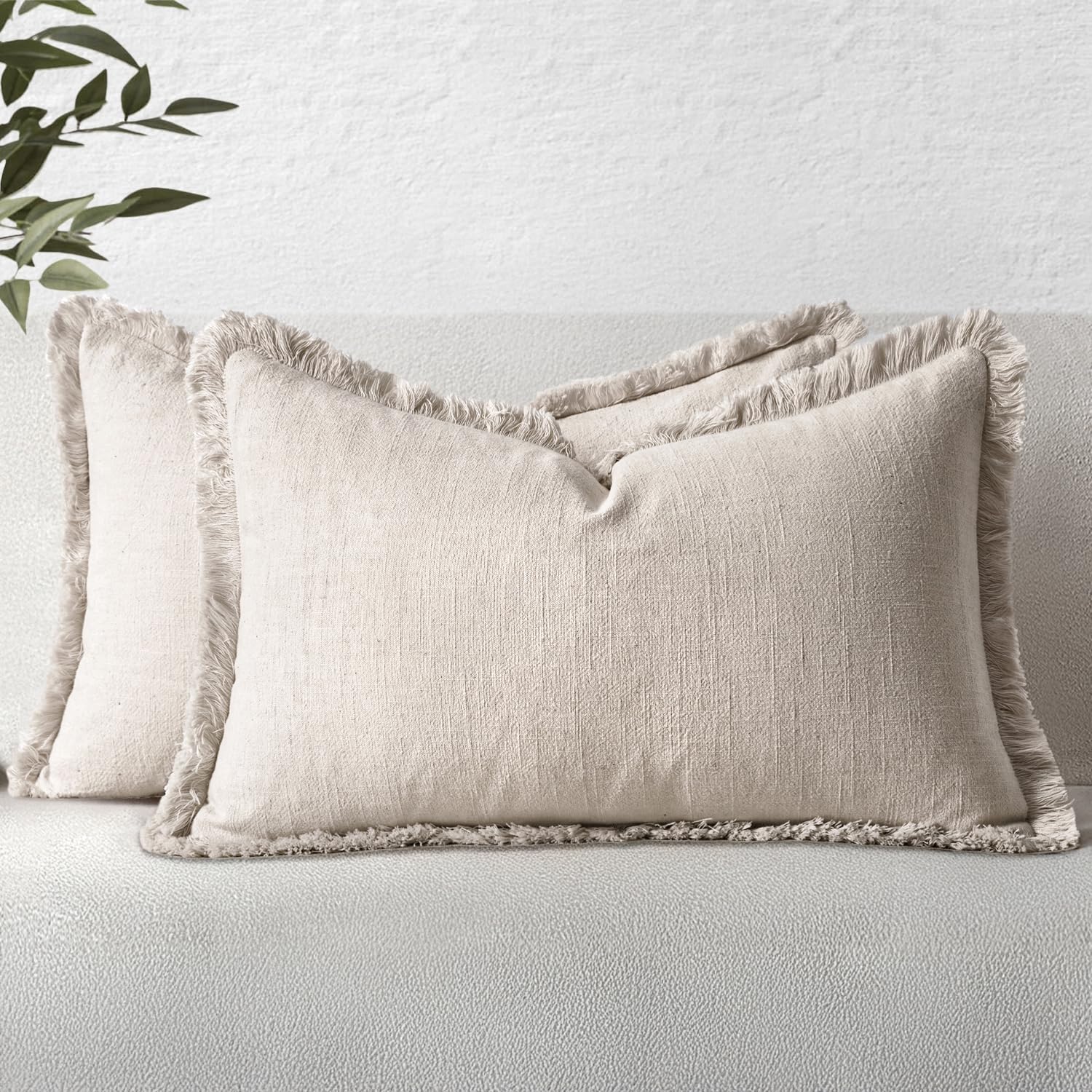 MIULEE Decorative Throw Pillow Covers Neutral Linen Fringe Throw Pillows Set of 2 Olive Green Boho Farmhouse Cushion Covers with Tassels for Couch Sofa Bed Living Room Spring Home Decor 20x20 Inch