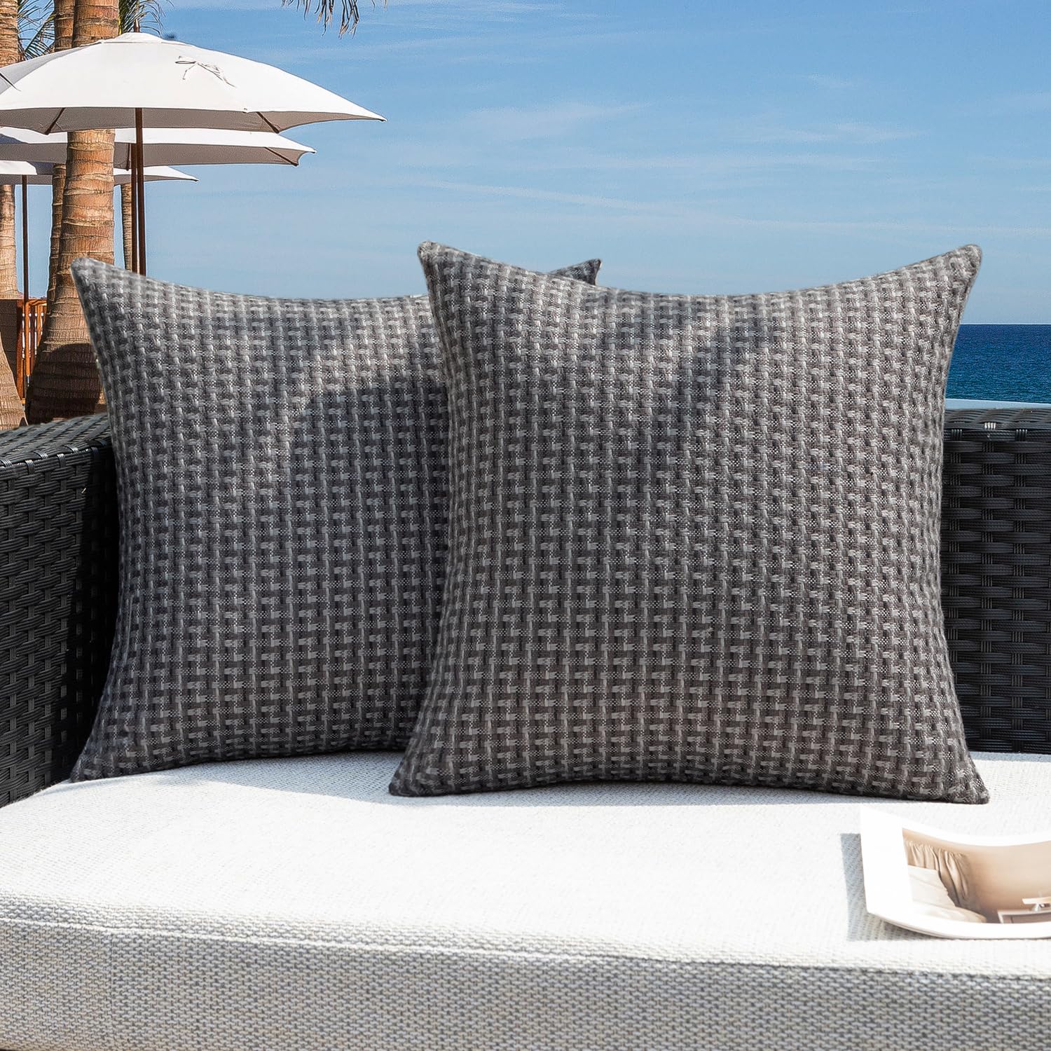 Kevin Textile Outdoor Waterproof Throw Pillow Covers Pack of 2 Weaving Texture Water Resistant Outside Decorative Cushion Covers for Garden Patio Tent Balcony Bench Couch Sofa 18x18 Inch, Navy Blue