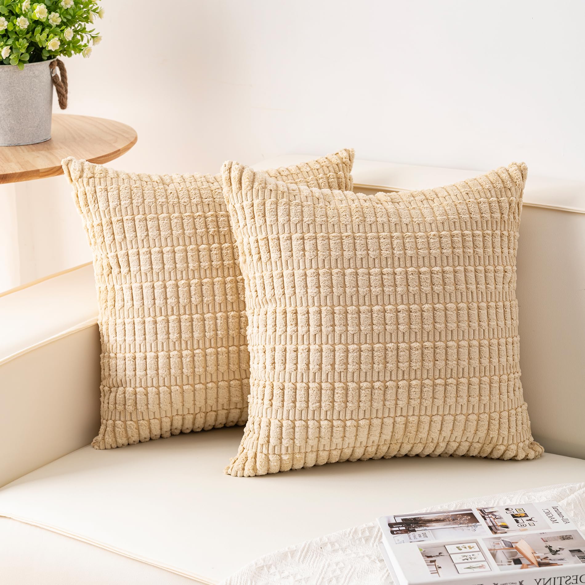 Aegero Pack of 2 Corduroy Decorative Throw Pillow Covers 18x18 Inch Soft Striped Pillow Covers Modern Farmhouse Home Decor for Sofa Living Room Couch Bed(Cream White)