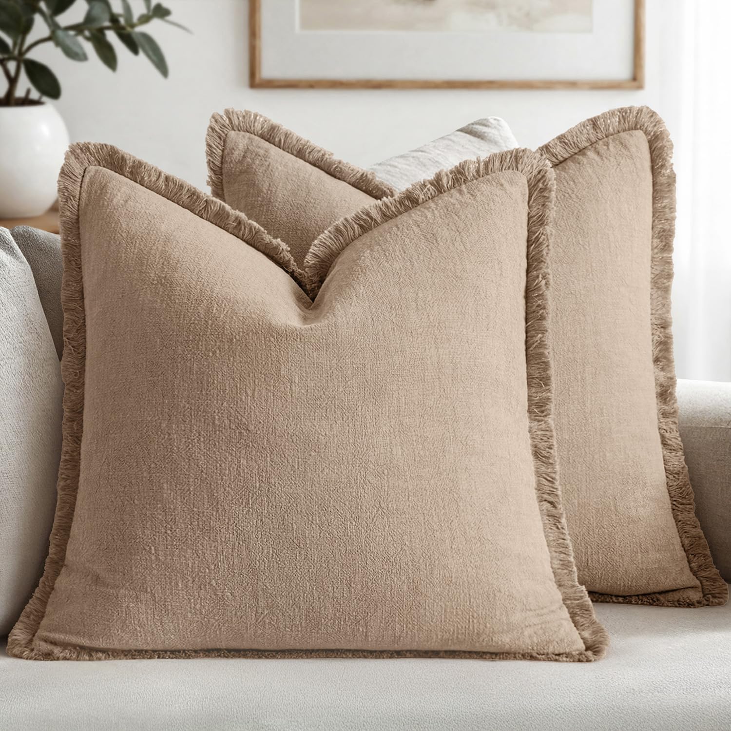 MIULEE Decorative Throw Pillow Covers Neutral Linen Fringe Throw Pillows Set of 2 Olive Green Boho Farmhouse Cushion Covers with Tassels for Couch Sofa Bed Living Room Spring Home Decor 20x20 Inch