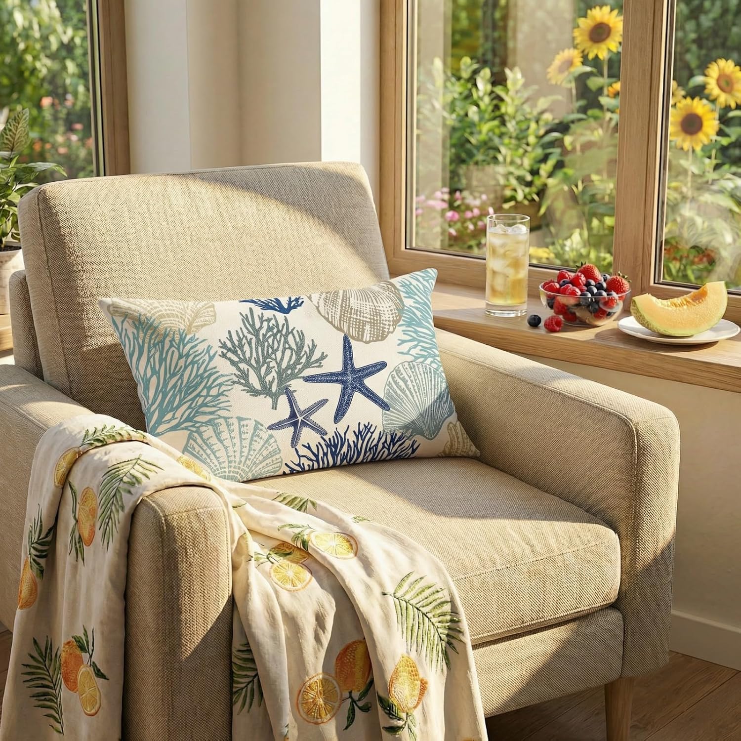GEEORY Summer Pillow Cover 12x20 Inch - Starfish Seaweed Seashell Coastal Decor in Soft Blue, Nautical Beach Throw Pillow Case for Sofa, Couch, Living Room, Bedroom