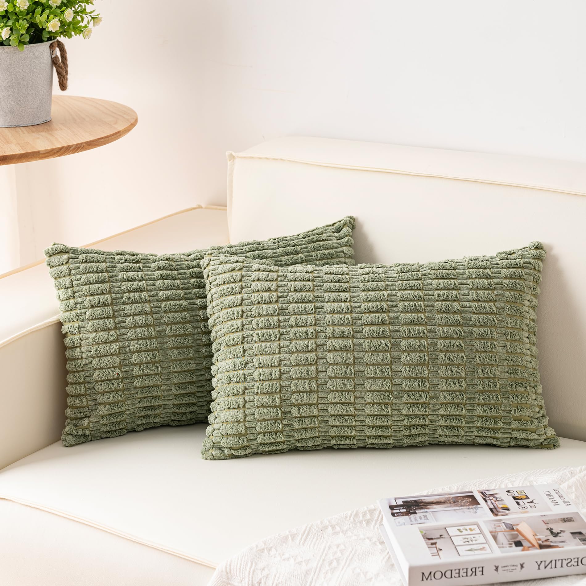 Aegero Pack of 2 Corduroy Decorative Throw Pillow Covers 18x18 Inch Soft Striped Pillow Covers Modern Farmhouse Home Decor for Sofa Living Room Couch Bed(Cream White)