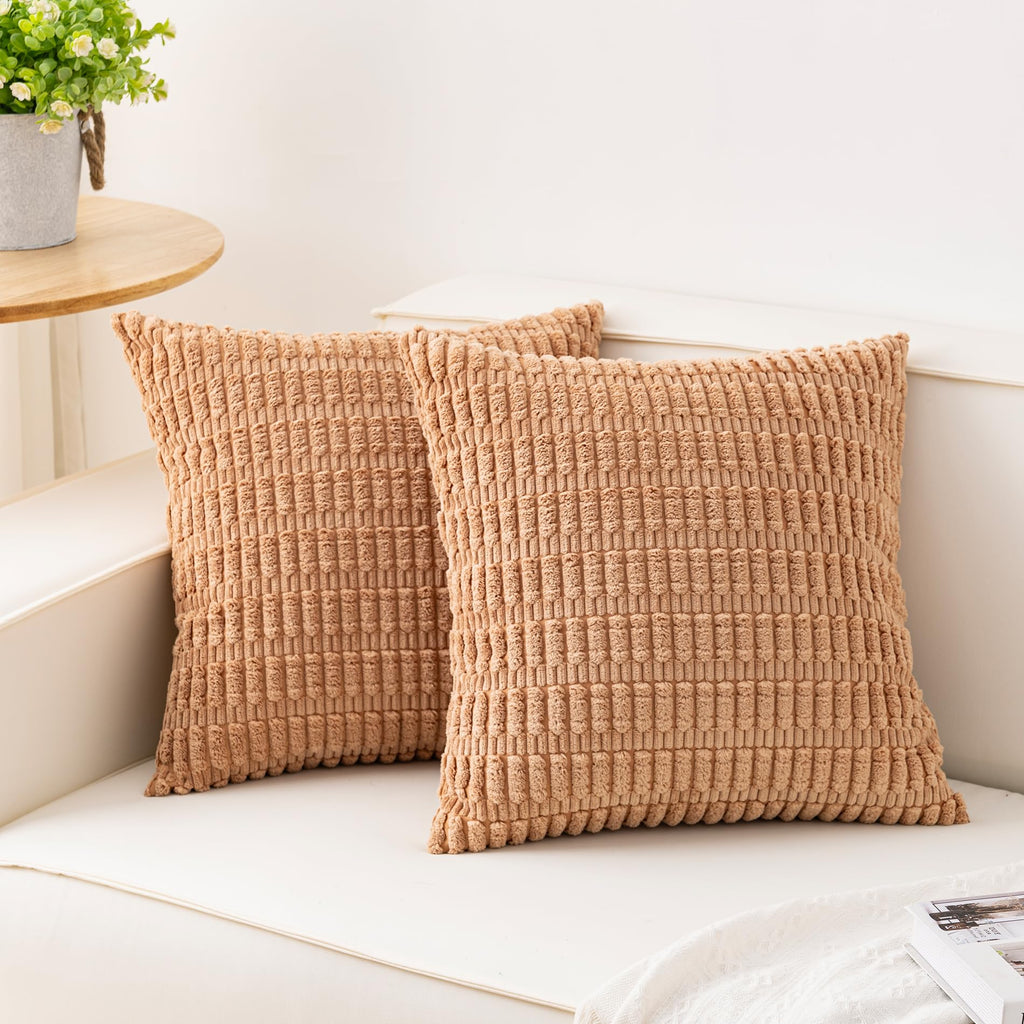 Aegero Pack of 2 Corduroy Decorative Throw Pillow Covers 18x18 Inch Soft Striped Pillow Covers Modern Farmhouse Home Decor for Sofa Living Room Couch Bed(Cream White)