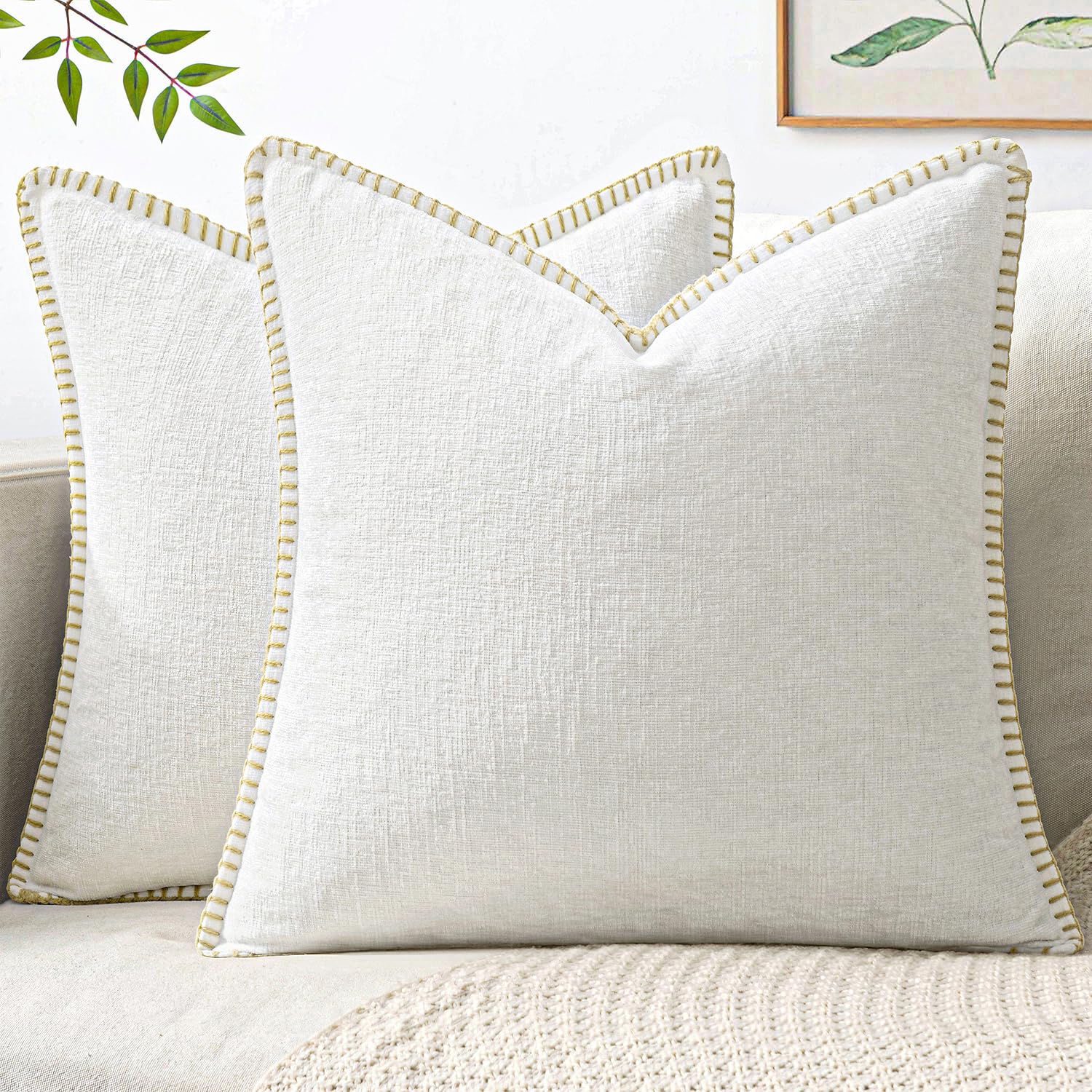 MIULEE Pack of 2 Couch Throw Pillow Covers 18x18 Inch Sage Green Farmhouse Decorative Pillow Covers with Stitched Edge Soft Chenille Solid Dyed Summer Pillow Covers for Sofa Bed Living Room