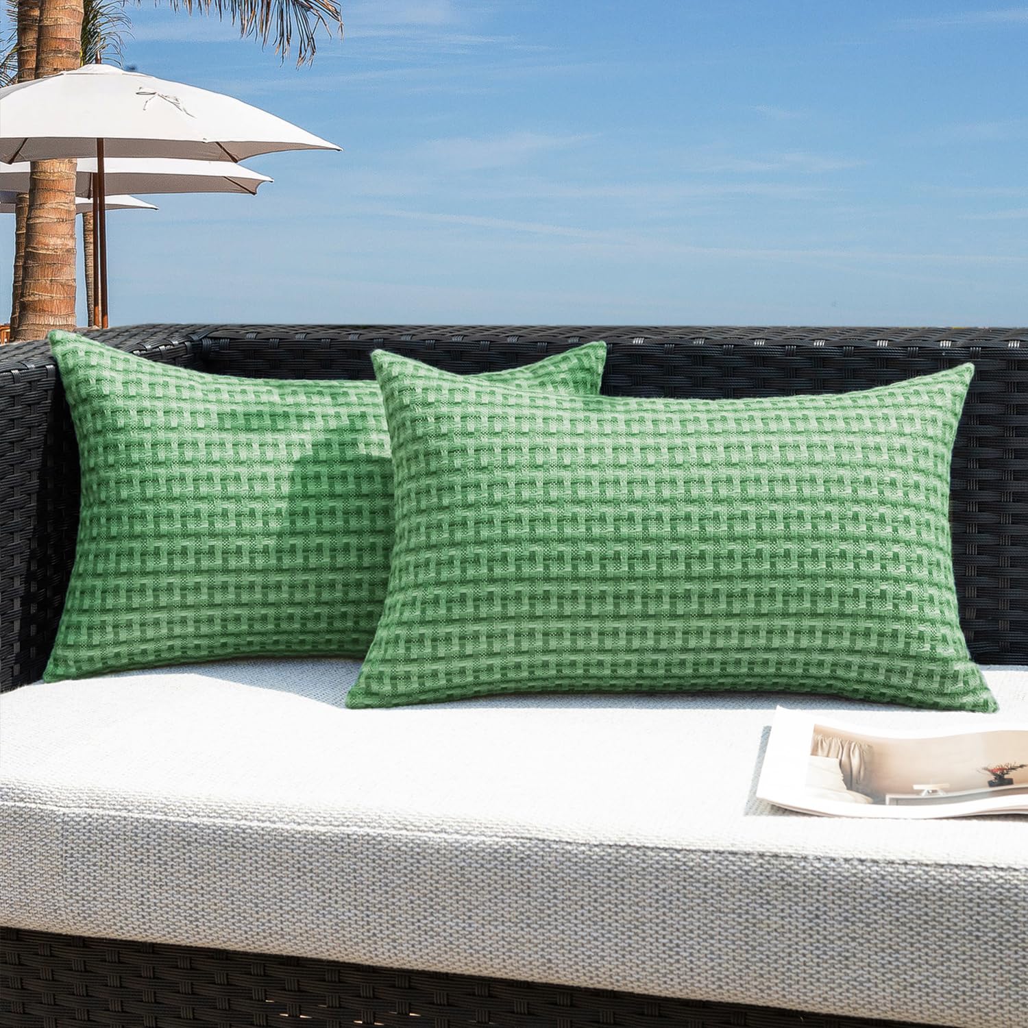 Kevin Textile Outdoor Waterproof Throw Pillow Covers Pack of 2 Weaving Texture Water Resistant Outside Decorative Cushion Covers for Garden Patio Tent Balcony Bench Couch Sofa 18x18 Inch, Navy Blue
