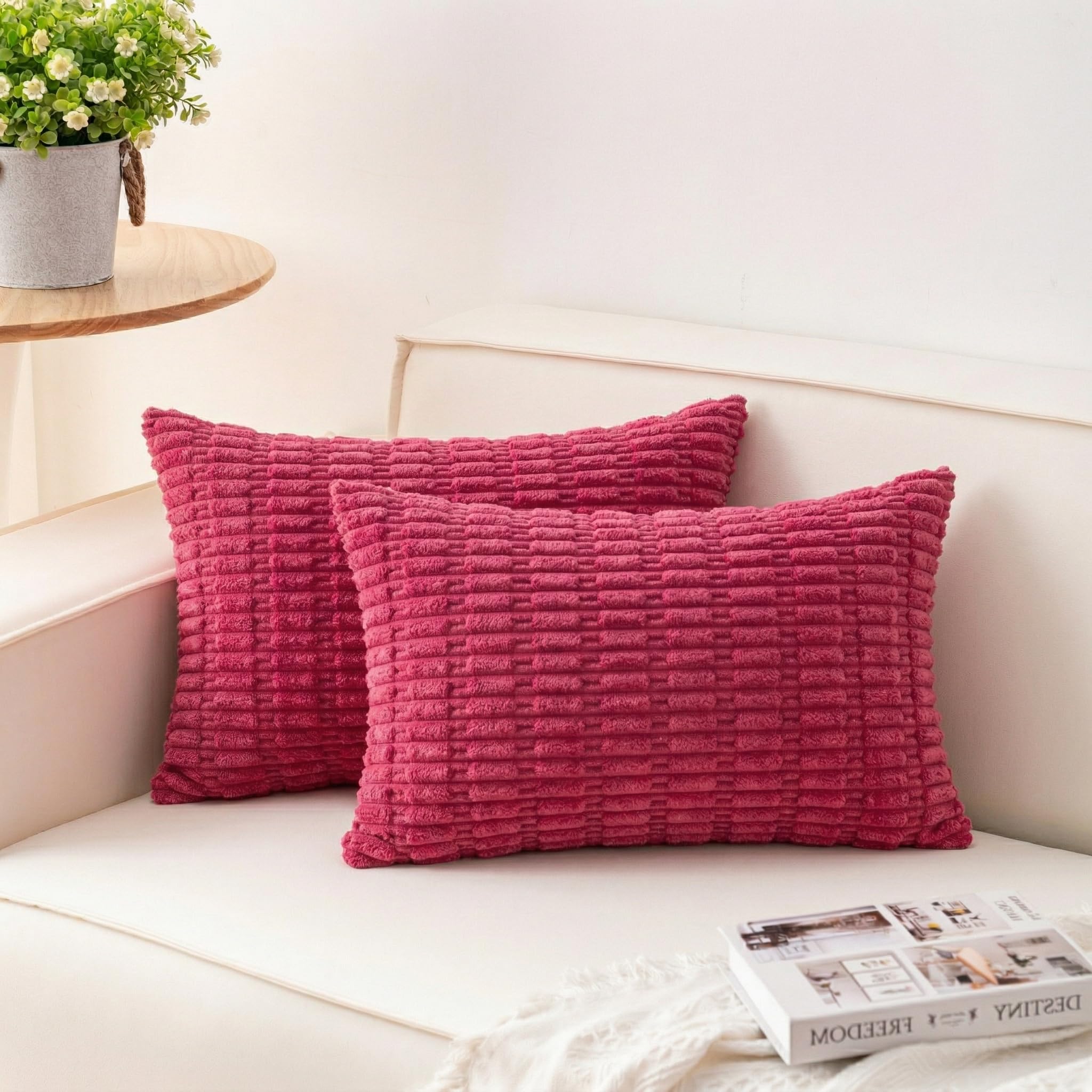 Aegero Pack of 2 Corduroy Decorative Throw Pillow Covers 18x18 Inch Soft Striped Pillow Covers Modern Farmhouse Home Decor for Sofa Living Room Couch Bed(Cream White)