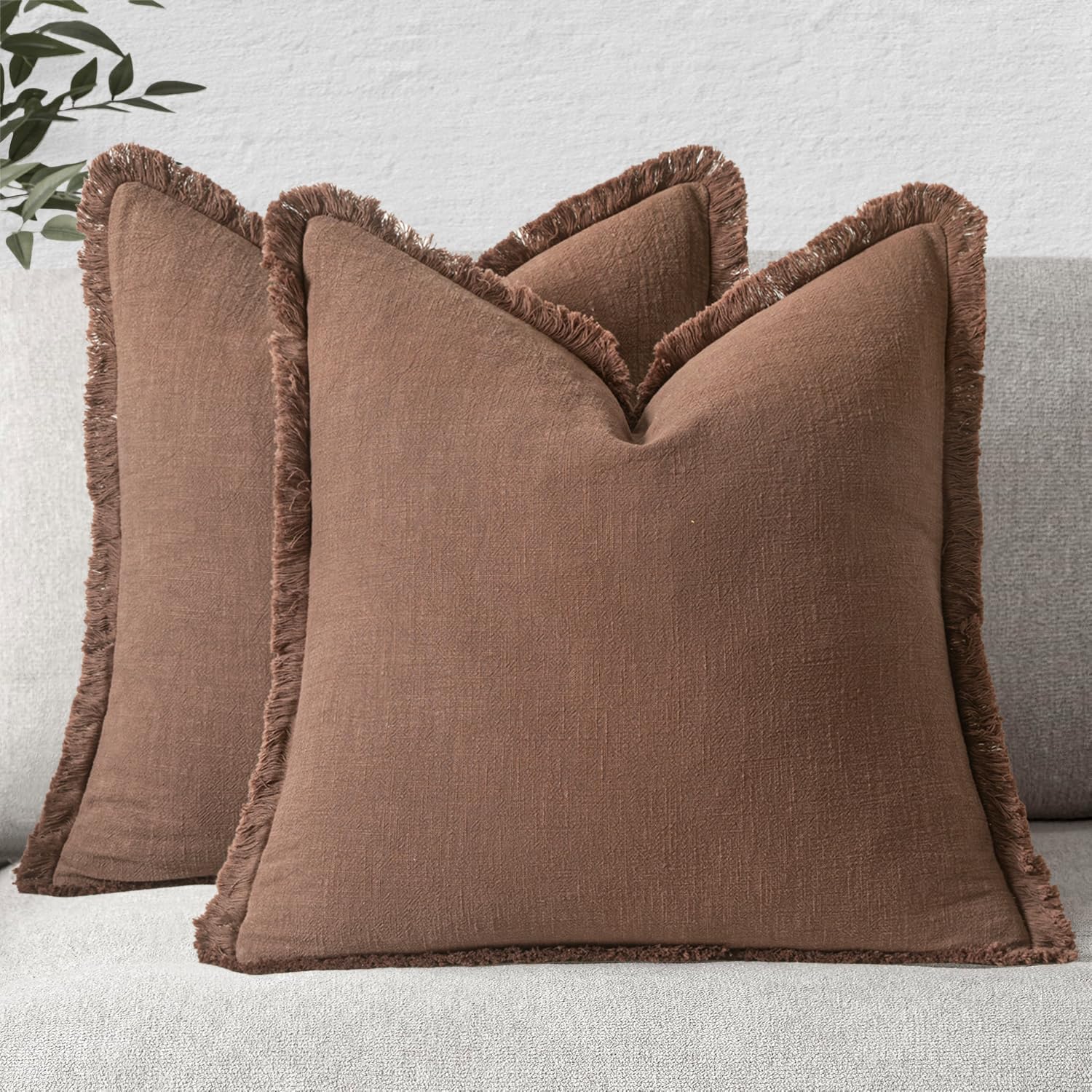 MIULEE Decorative Throw Pillow Covers Neutral Linen Fringe Throw Pillows Set of 2 Olive Green Boho Farmhouse Cushion Covers with Tassels for Couch Sofa Bed Living Room Spring Home Decor 20x20 Inch