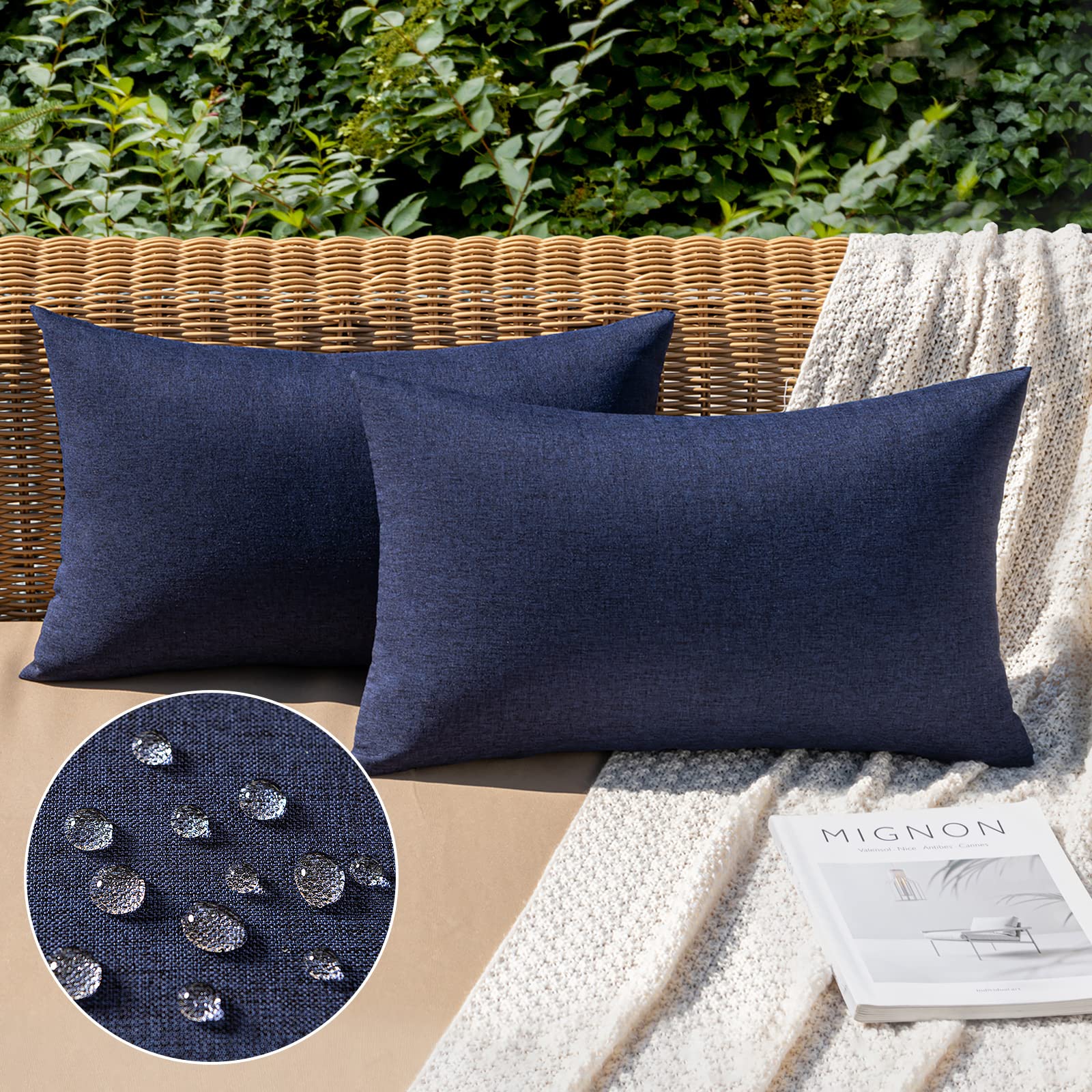MIULEE Pack of 2 Decorative Outdoor Solid Waterproof Throw Pillow Covers Faux Linen Garden Farmhouse Cushion Cases for Summer Patio Tent Balcony Couch Sofa 18x18 Inch Navy