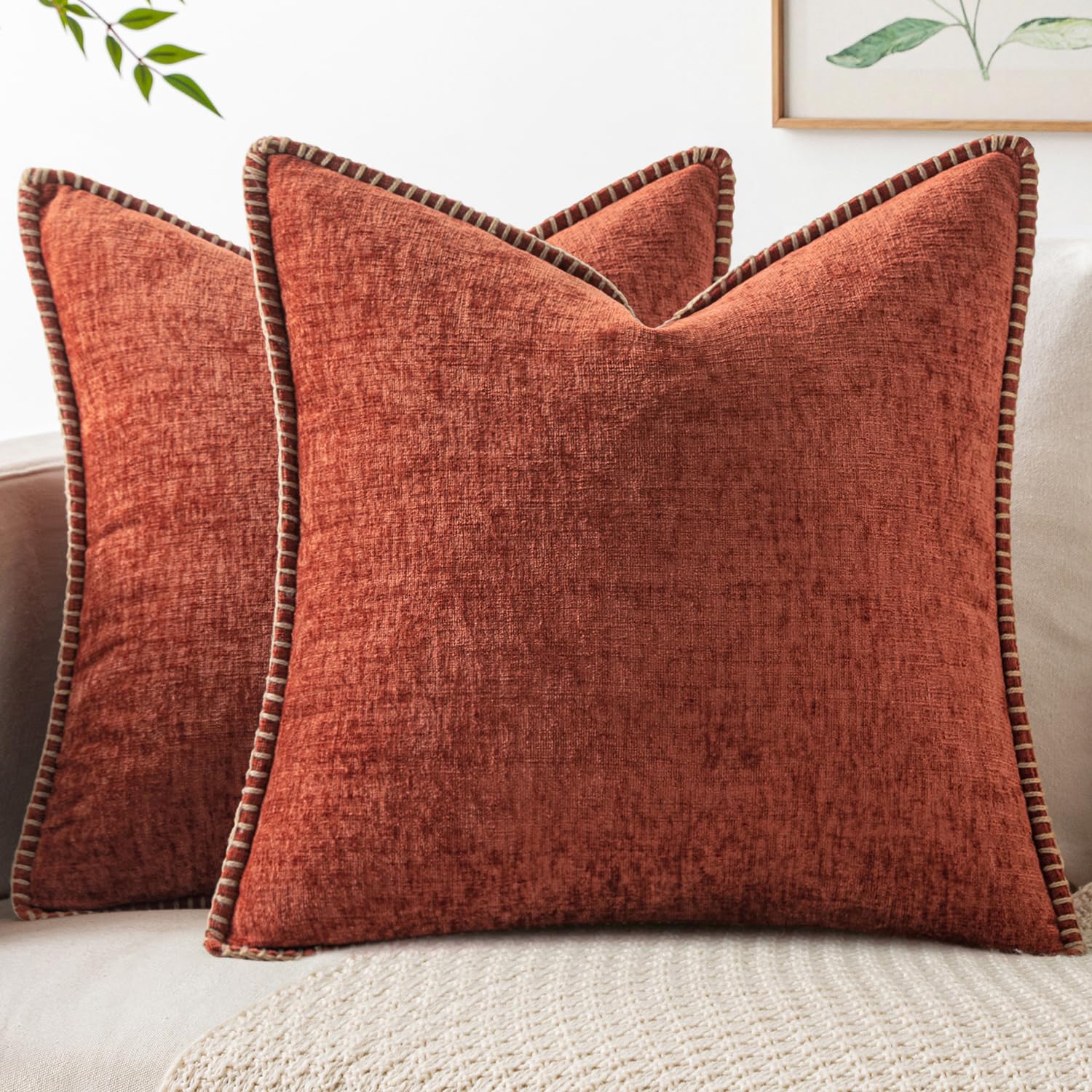 MIULEE Pack of 2 Couch Throw Pillow Covers 18x18 Inch Sage Green Farmhouse Decorative Pillow Covers with Stitched Edge Soft Chenille Solid Dyed Summer Pillow Covers for Sofa Bed Living Room