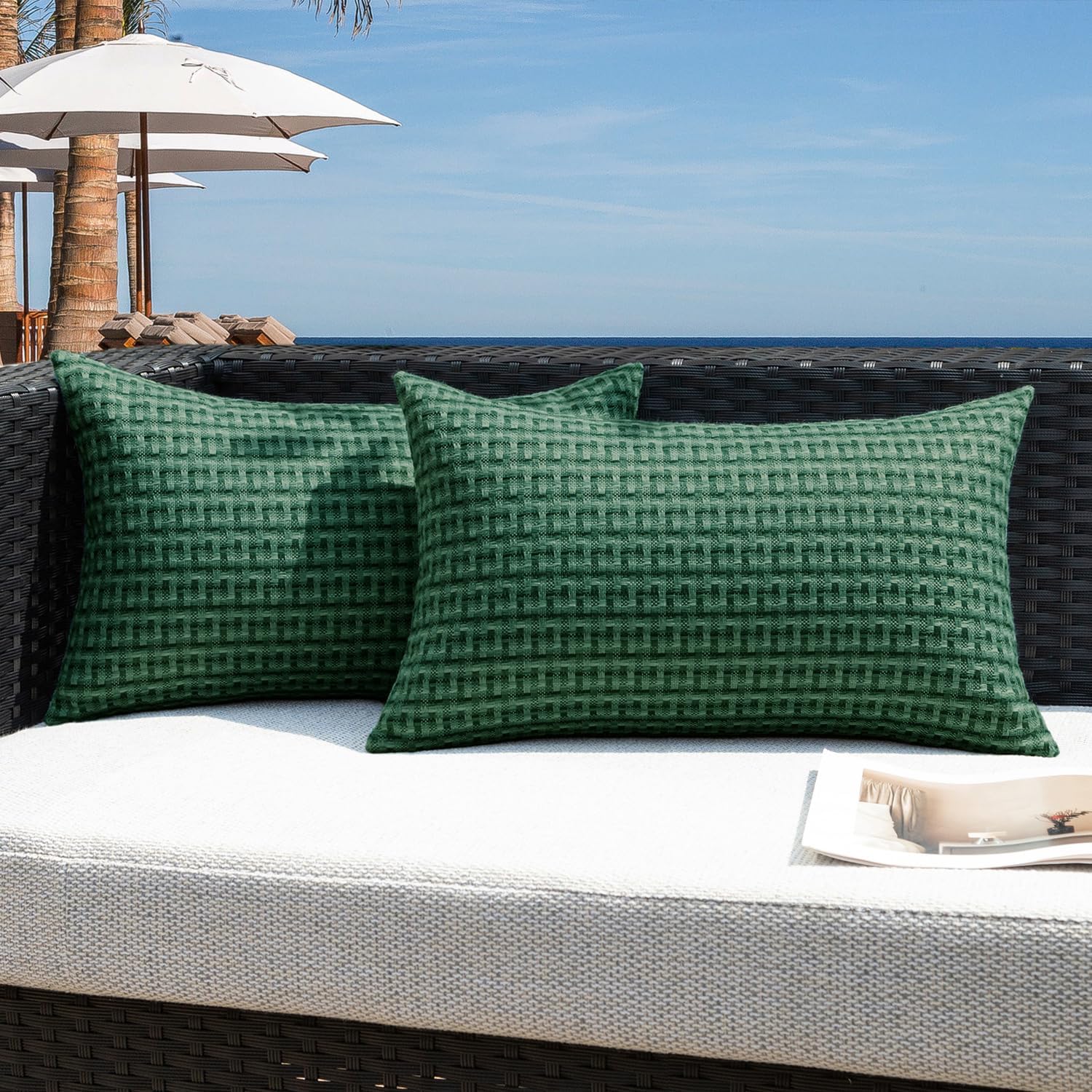 Kevin Textile Outdoor Waterproof Throw Pillow Covers Pack of 2 Weaving Texture Water Resistant Outside Decorative Cushion Covers for Garden Patio Tent Balcony Bench Couch Sofa 18x18 Inch, Navy Blue