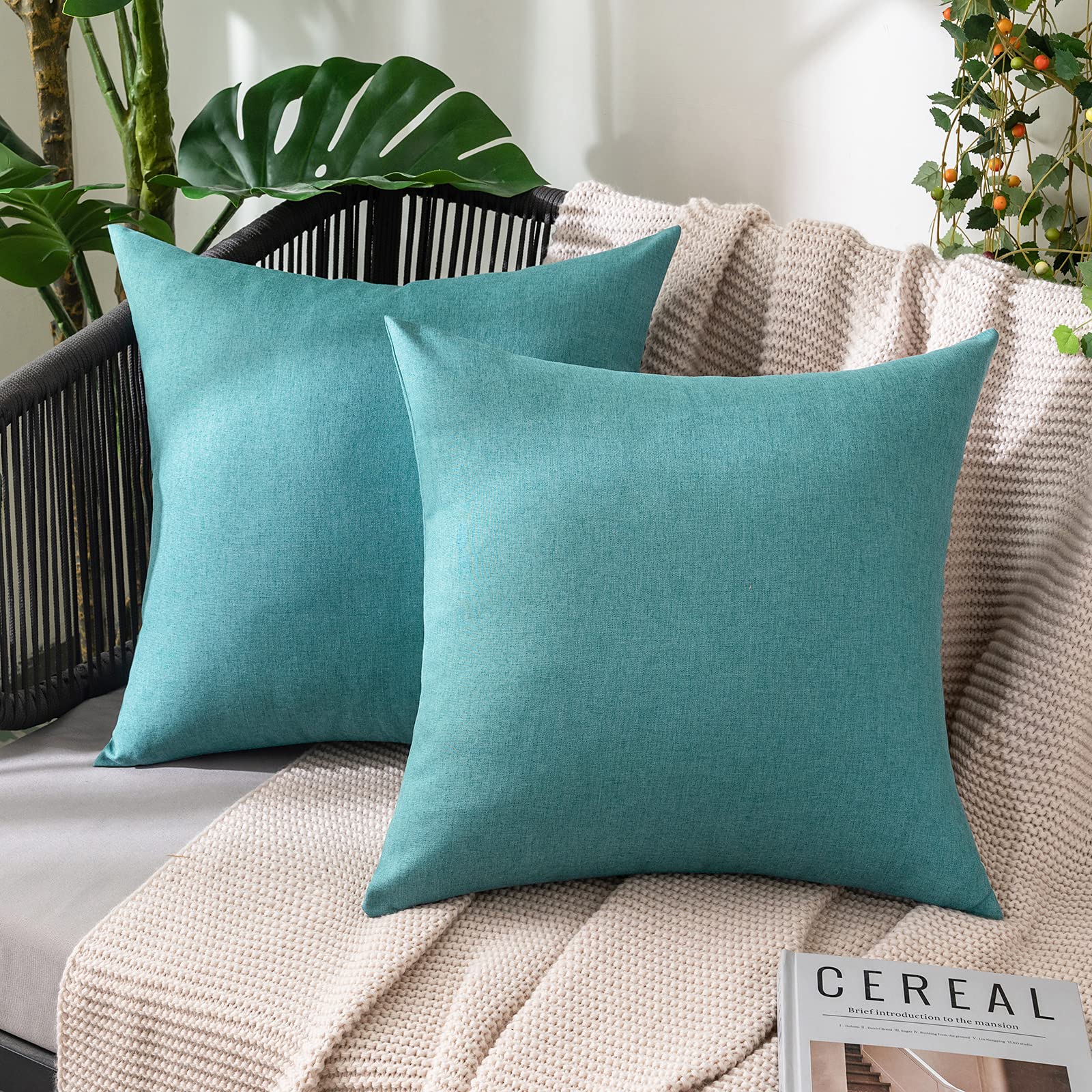 MIULEE Pack of 2 Decorative Outdoor Solid Waterproof Throw Pillow Covers Faux Linen Garden Farmhouse Cushion Cases for Summer Patio Tent Balcony Couch Sofa 18x18 Inch Navy