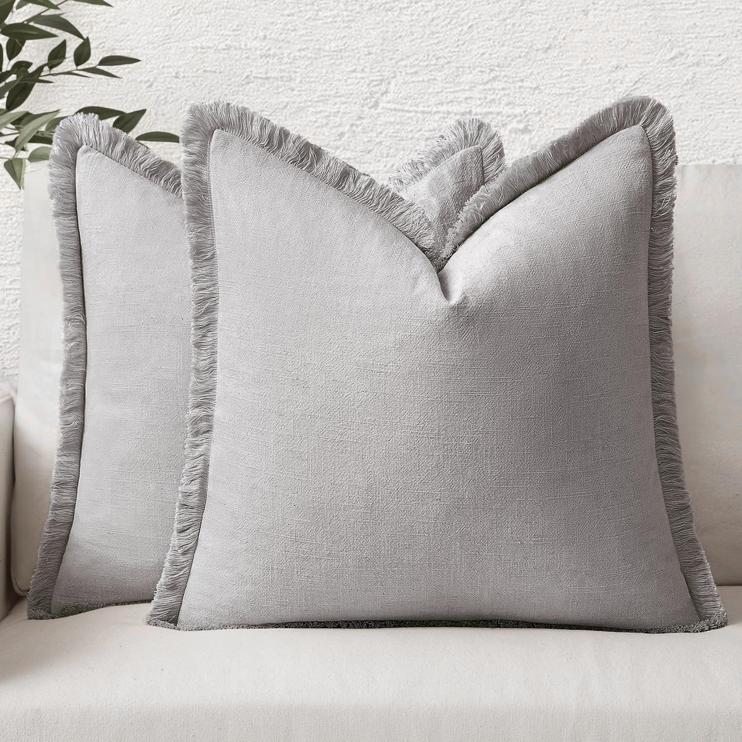 MIULEE Decorative Throw Pillow Covers Neutral Linen Fringe Throw Pillows Set of 2 Olive Green Boho Farmhouse Cushion Covers with Tassels for Couch Sofa Bed Living Room Spring Home Decor 20x20 Inch