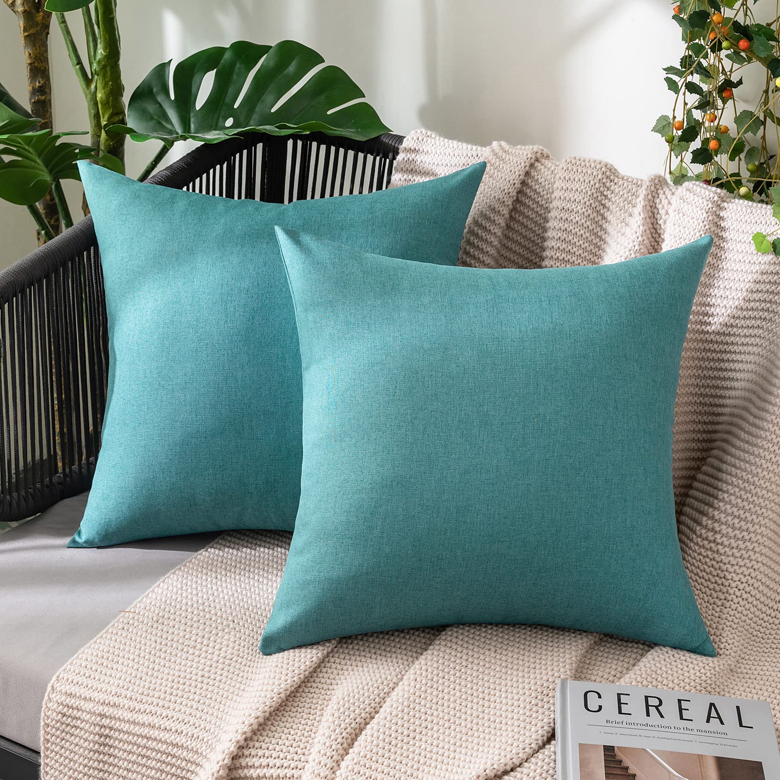 MIULEE Pack of 2 Decorative Outdoor Solid Waterproof Throw Pillow Covers Faux Linen Garden Farmhouse Cushion Cases for Summer Patio Tent Balcony Couch Sofa 18x18 Inch Navy