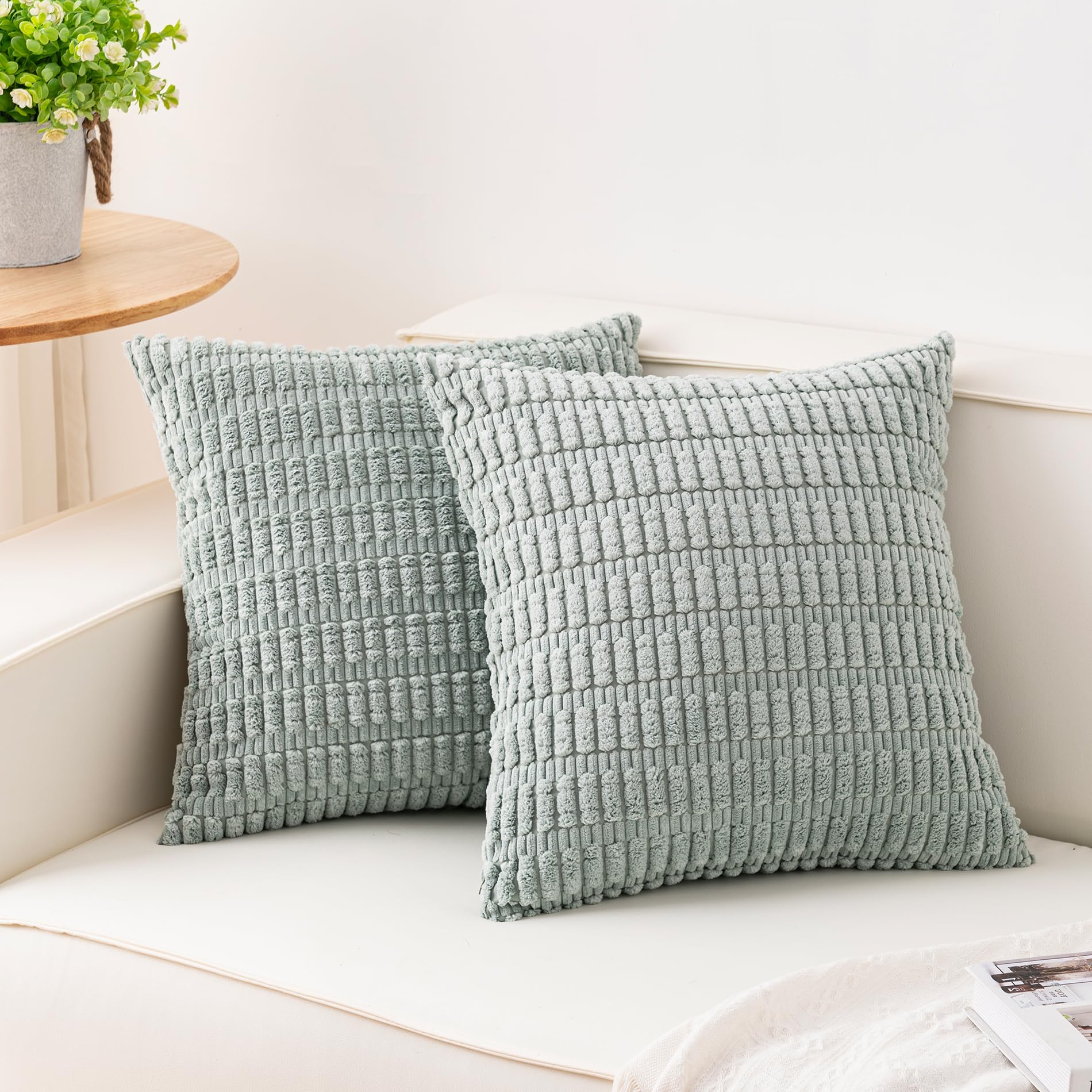 Aegero Pack of 2 Corduroy Decorative Throw Pillow Covers 18x18 Inch Soft Striped Pillow Covers Modern Farmhouse Home Decor for Sofa Living Room Couch Bed(Cream White)