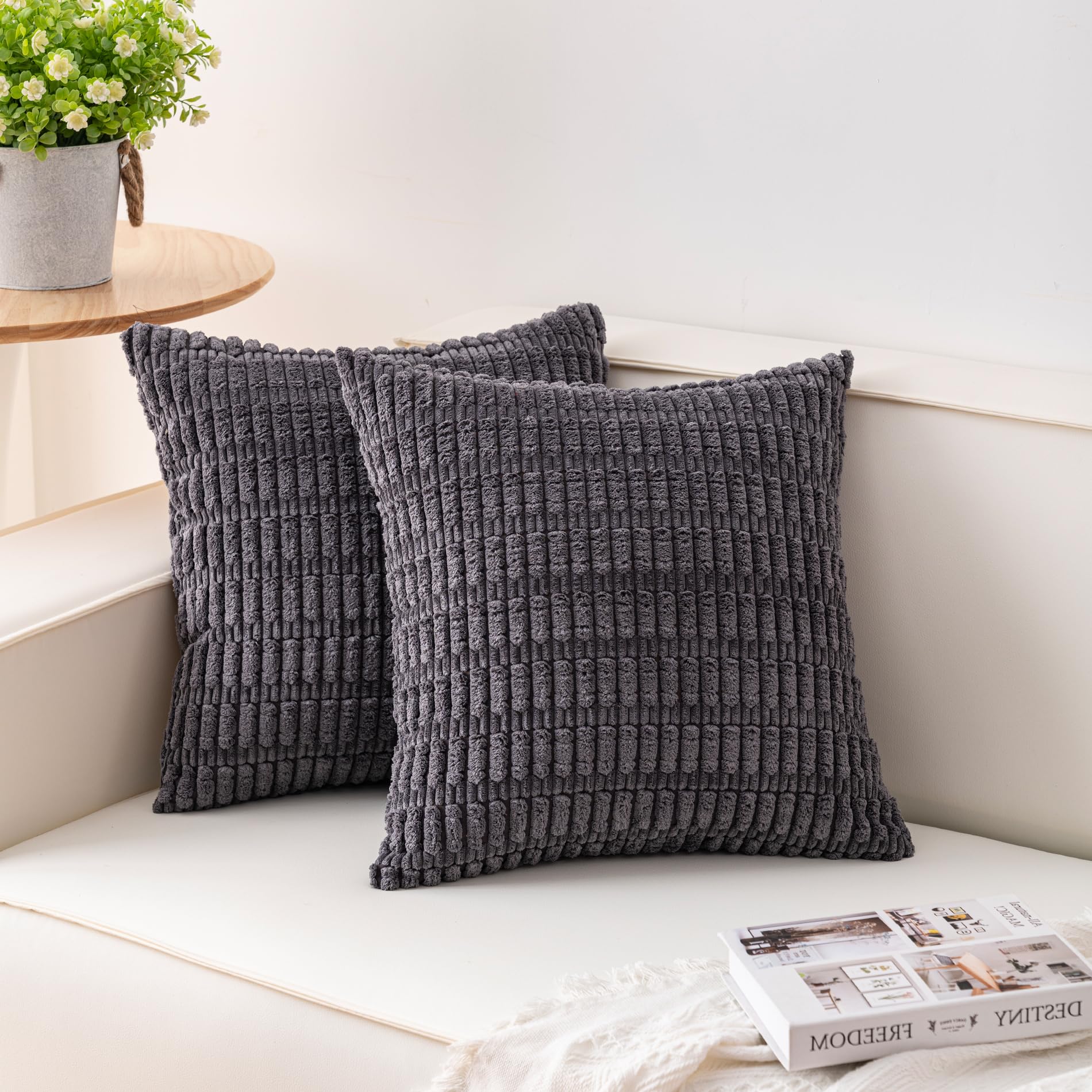 Aegero Pack of 2 Corduroy Decorative Throw Pillow Covers 18x18 Inch Soft Striped Pillow Covers Modern Farmhouse Home Decor for Sofa Living Room Couch Bed(Cream White)