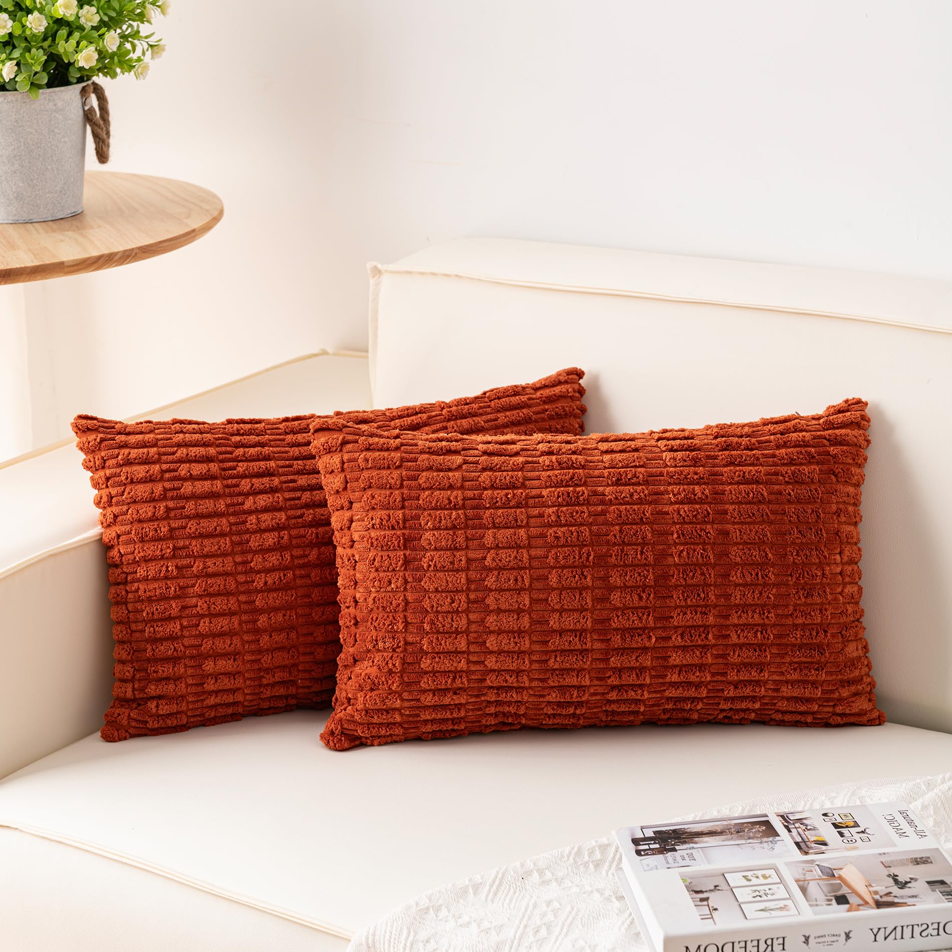 Aegero Pack of 2 Corduroy Decorative Throw Pillow Covers 18x18 Inch Soft Striped Pillow Covers Modern Farmhouse Home Decor for Sofa Living Room Couch Bed(Cream White)