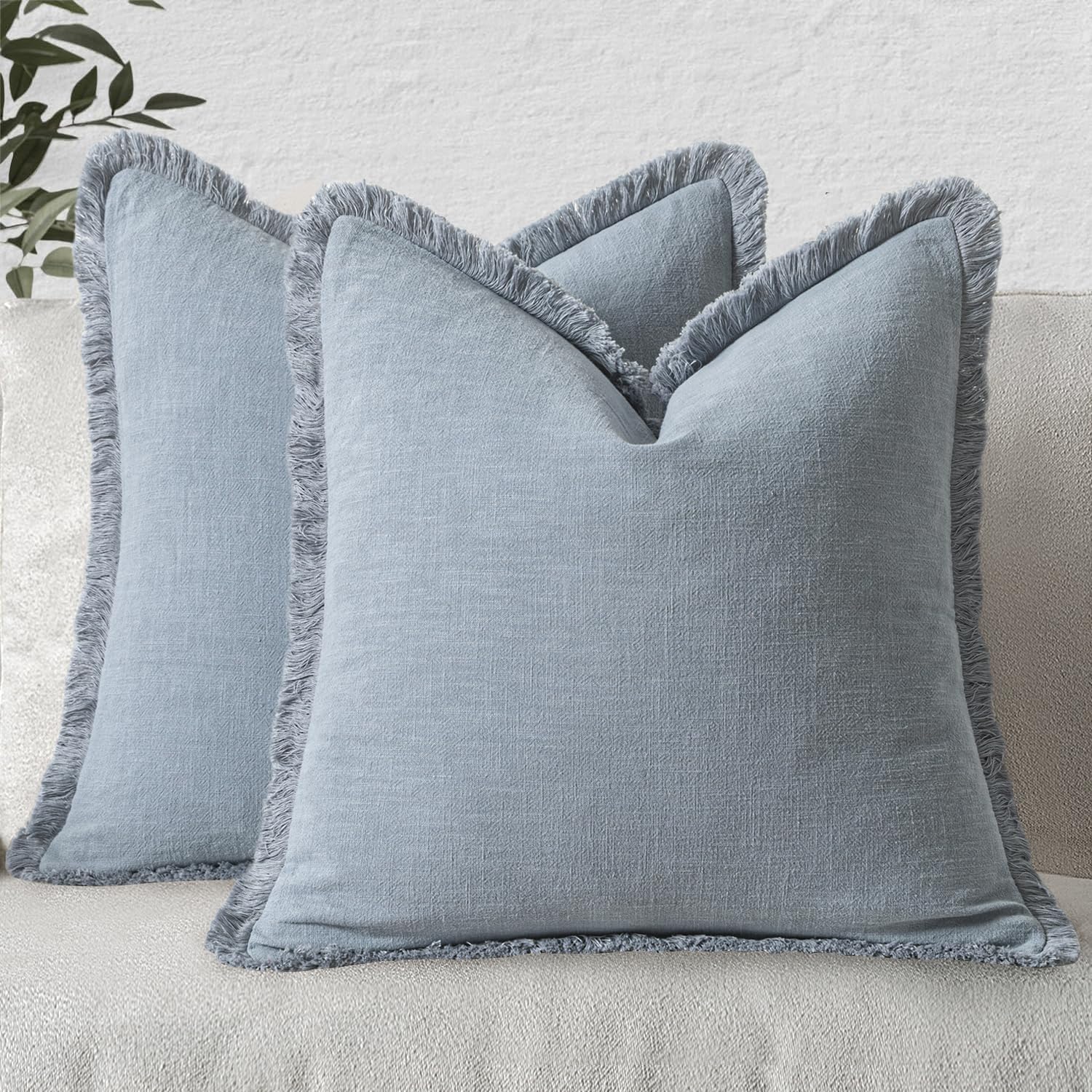 MIULEE Decorative Throw Pillow Covers Neutral Linen Fringe Throw Pillows Set of 2 Olive Green Boho Farmhouse Cushion Covers with Tassels for Couch Sofa Bed Living Room Spring Home Decor 20x20 Inch