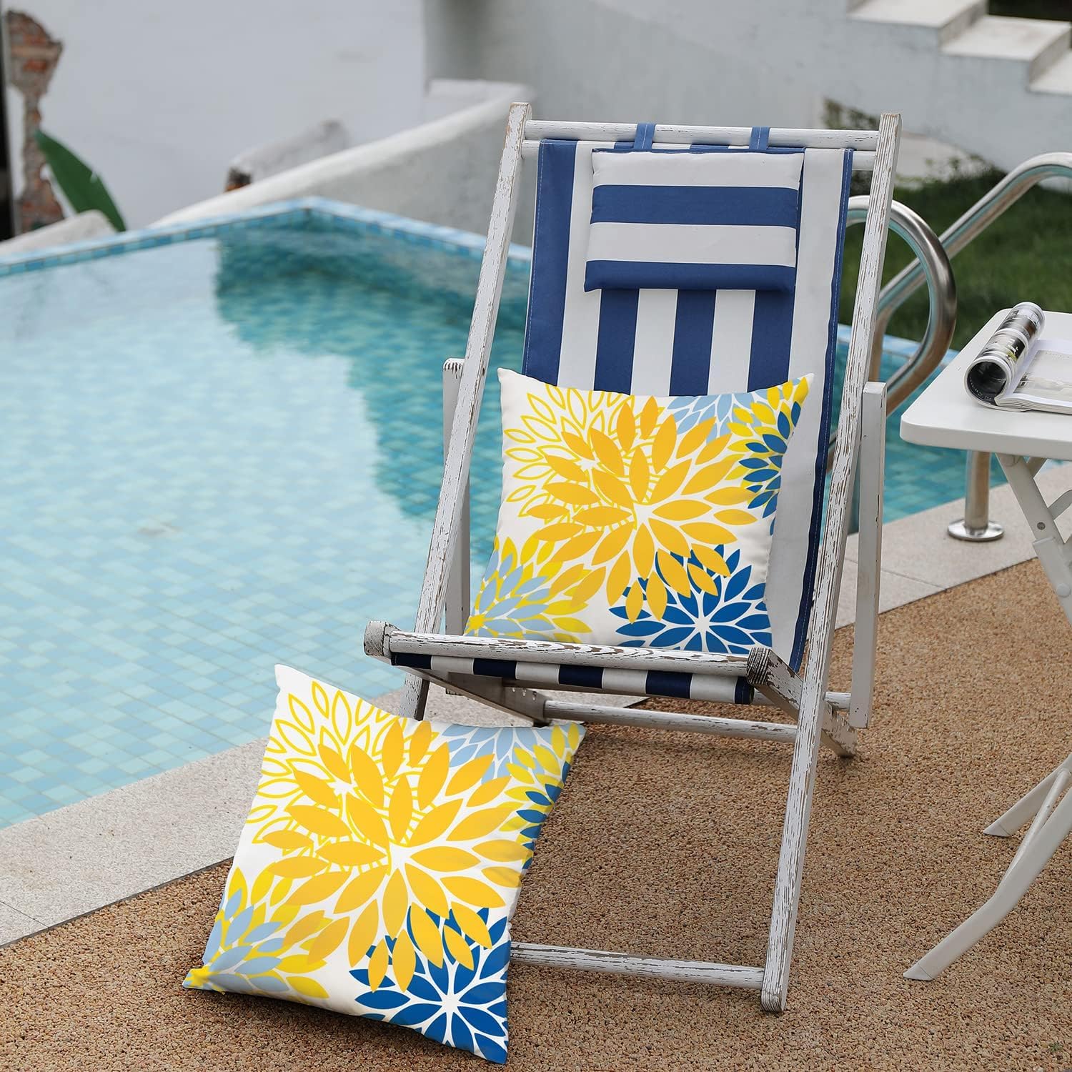 DFXSZ Yellow Blue Flower Pillow Covers 18x18 Inch Set of 2 White Gray Colored Throw Pillows Outdoor Waterproof Decor for Living Room Sofa Patio Funiture Garden Floral Polyester Pillow Covers 002J18