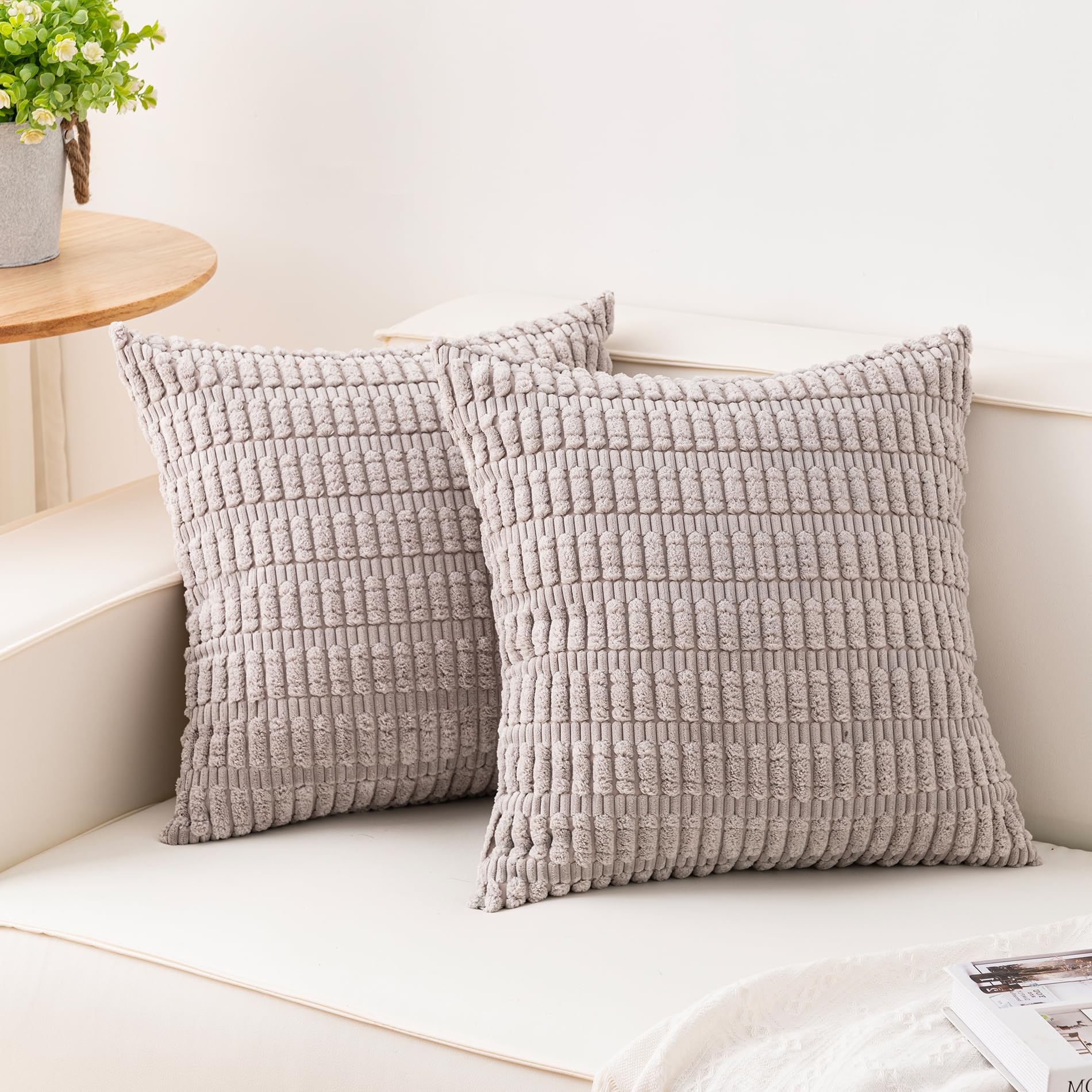 Aegero Pack of 2 Corduroy Decorative Throw Pillow Covers 18x18 Inch Soft Striped Pillow Covers Modern Farmhouse Home Decor for Sofa Living Room Couch Bed(Cream White)