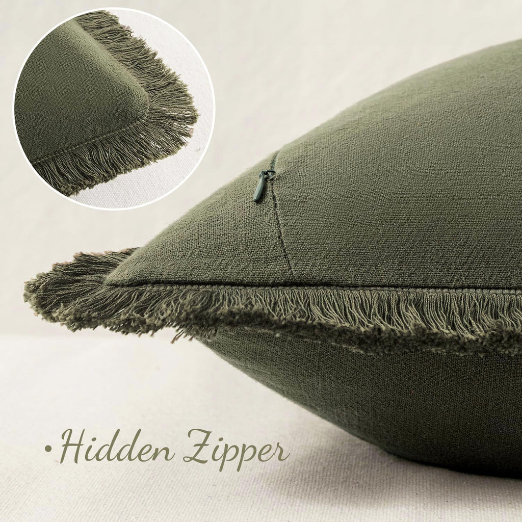 MIULEE Decorative Throw Pillow Covers Neutral Linen Fringe Throw Pillows Set of 2 Olive Green Boho Farmhouse Cushion Covers with Tassels for Couch Sofa Bed Living Room Spring Home Decor 20x20 Inch