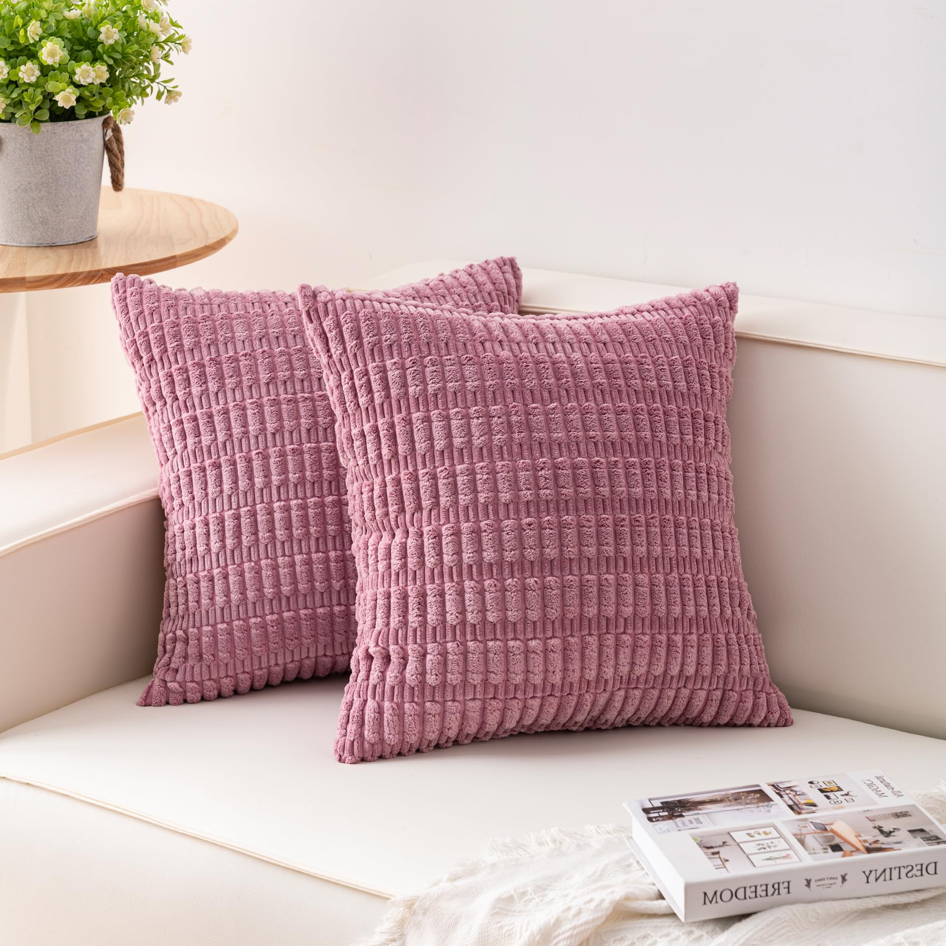 Aegero Pack of 2 Corduroy Decorative Throw Pillow Covers 18x18 Inch Soft Striped Pillow Covers Modern Farmhouse Home Decor for Sofa Living Room Couch Bed(Cream White)