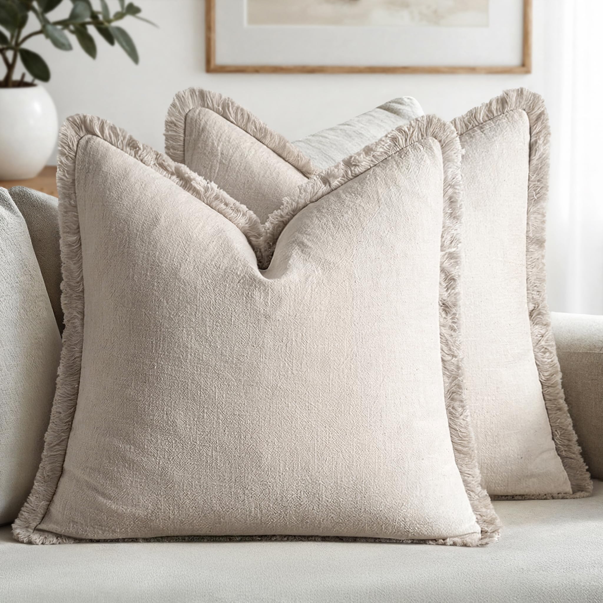 MIULEE Decorative Throw Pillow Covers Neutral Linen Fringe Throw Pillows Set of 2 Olive Green Boho Farmhouse Cushion Covers with Tassels for Couch Sofa Bed Living Room Spring Home Decor 20x20 Inch