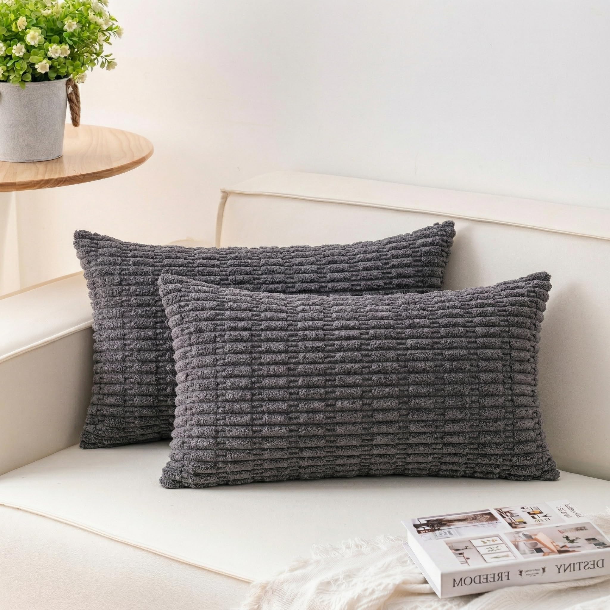 Aegero Pack of 2 Corduroy Decorative Throw Pillow Covers 18x18 Inch Soft Striped Pillow Covers Modern Farmhouse Home Decor for Sofa Living Room Couch Bed(Cream White)