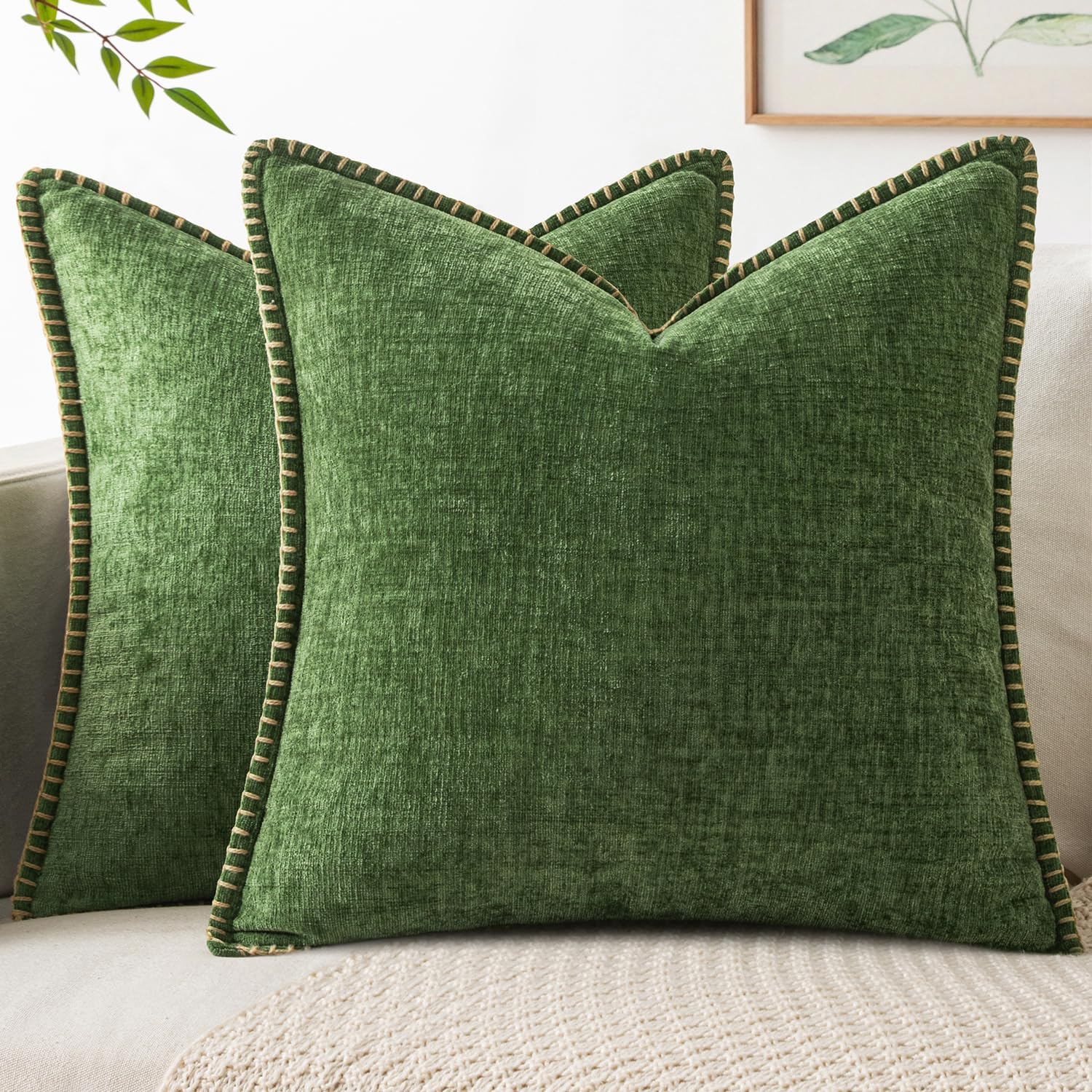 MIULEE Pack of 2 Couch Throw Pillow Covers 18x18 Inch Sage Green Farmhouse Decorative Pillow Covers with Stitched Edge Soft Chenille Solid Dyed Summer Pillow Covers for Sofa Bed Living Room