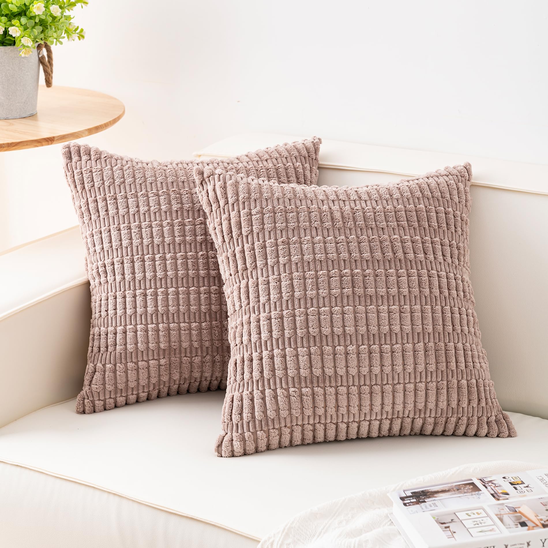 Aegero Pack of 2 Corduroy Decorative Throw Pillow Covers 18x18 Inch Soft Striped Pillow Covers Modern Farmhouse Home Decor for Sofa Living Room Couch Bed(Cream White)