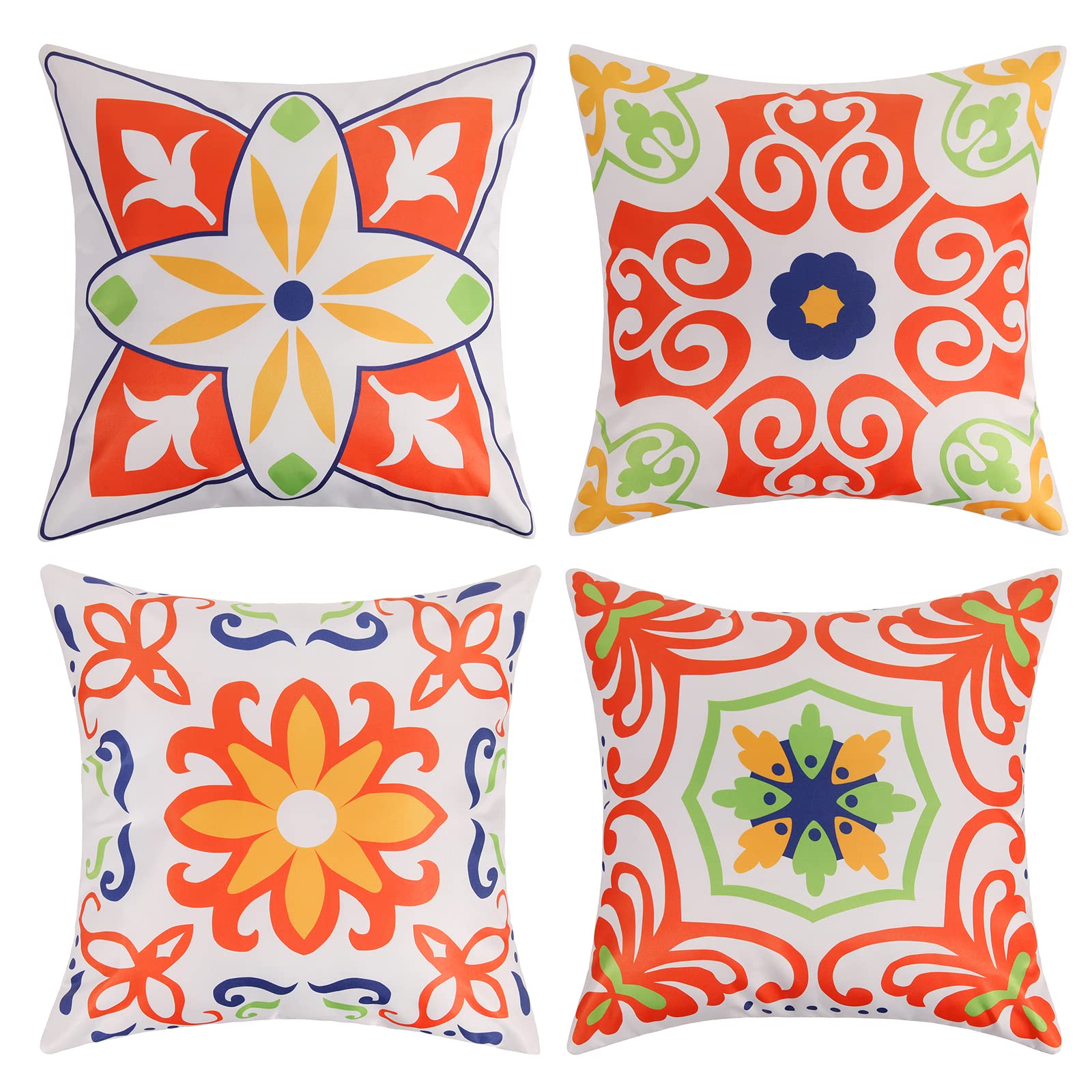 Pyonic Outdoor Waterproof Throw Pillow Covers Set of 4 Floral Printed and Boho Farmhouse Summer Outdoor Pillow Covers for Patio Funiture Garden 18x18 Inch Blue