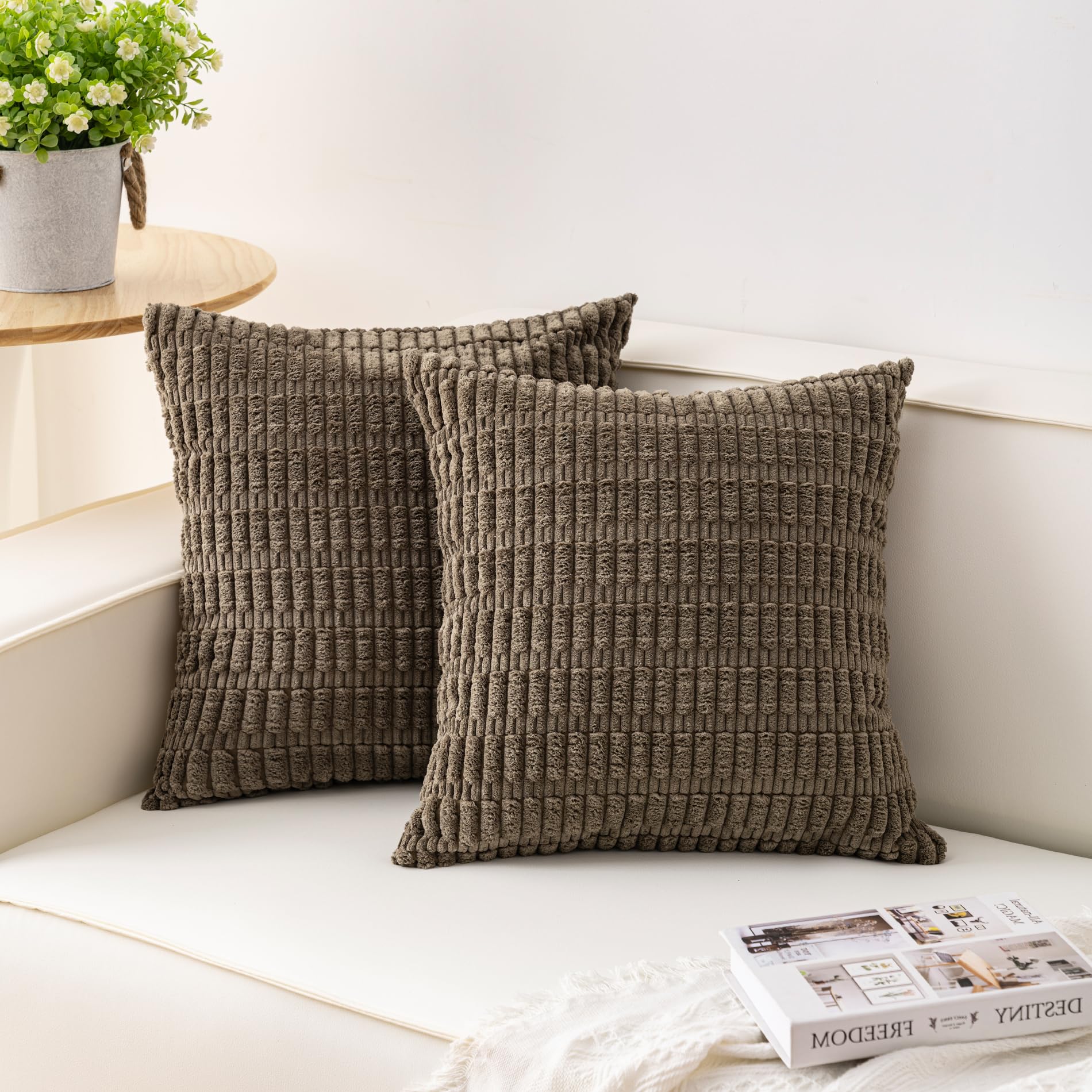 Aegero Pack of 2 Corduroy Decorative Throw Pillow Covers 18x18 Inch Soft Striped Pillow Covers Modern Farmhouse Home Decor for Sofa Living Room Couch Bed(Cream White)