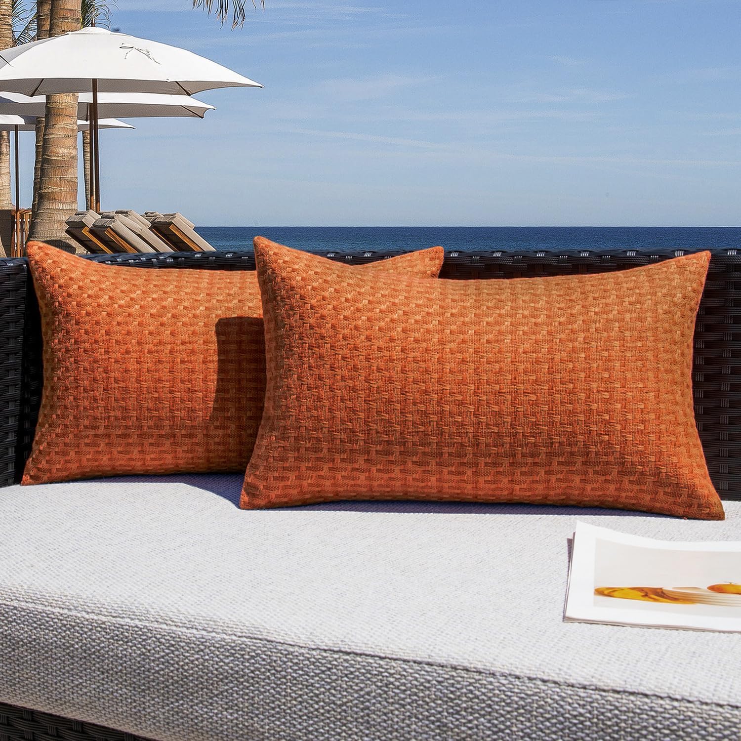 Kevin Textile Outdoor Waterproof Throw Pillow Covers Pack of 2 Weaving Texture Water Resistant Outside Decorative Cushion Covers for Garden Patio Tent Balcony Bench Couch Sofa 18x18 Inch, Navy Blue