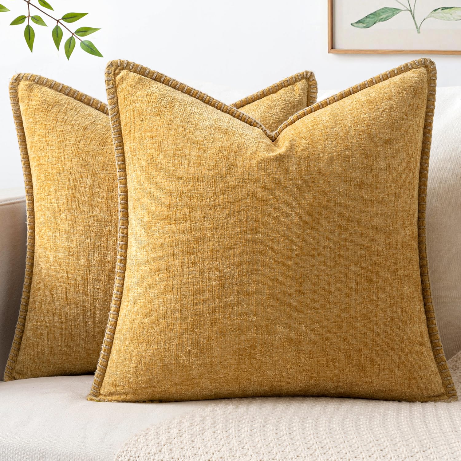 MIULEE Pack of 2 Couch Throw Pillow Covers 18x18 Inch Sage Green Farmhouse Decorative Pillow Covers with Stitched Edge Soft Chenille Solid Dyed Summer Pillow Covers for Sofa Bed Living Room