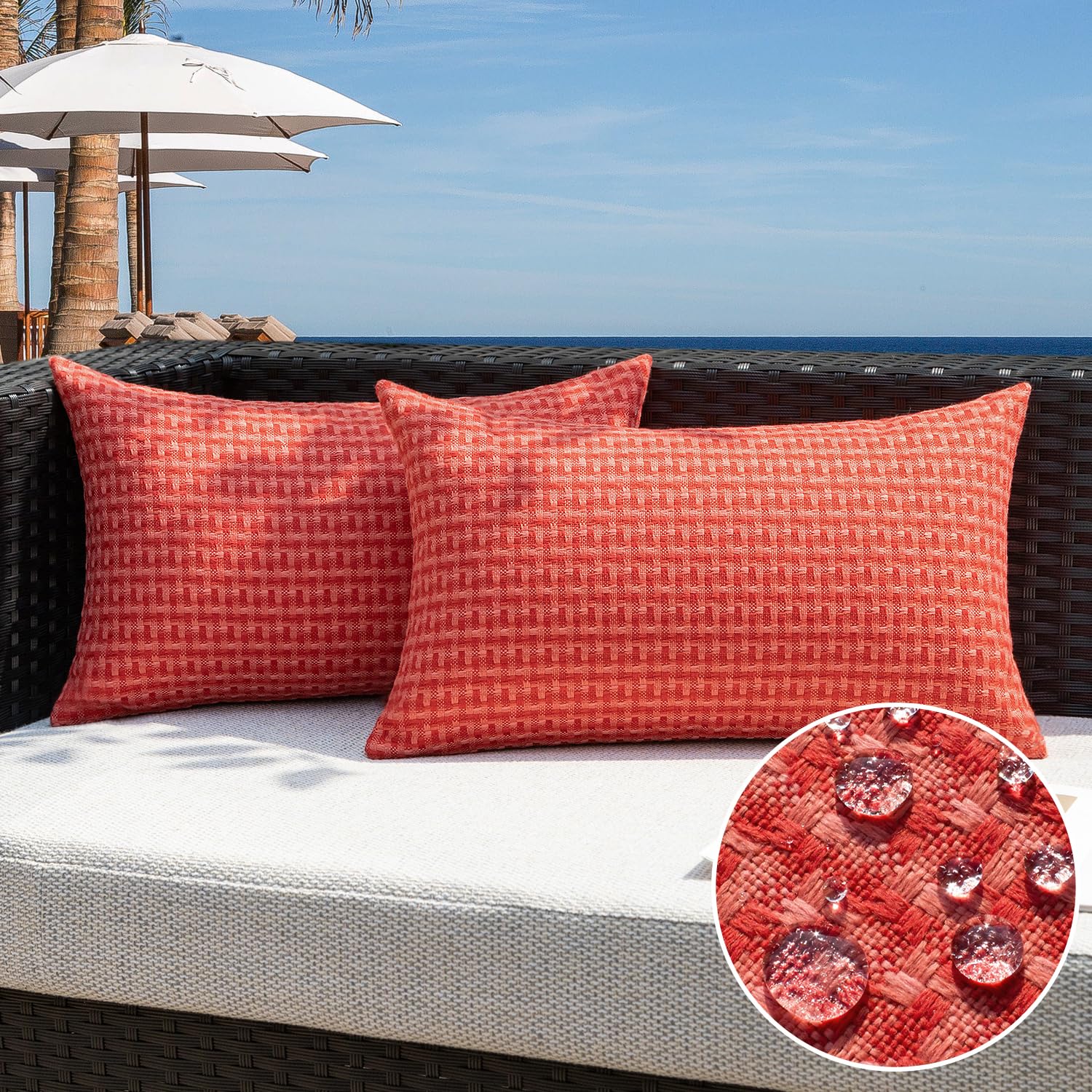 Kevin Textile Outdoor Waterproof Throw Pillow Covers Pack of 2 Weaving Texture Water Resistant Outside Decorative Cushion Covers for Garden Patio Tent Balcony Bench Couch Sofa 18x18 Inch, Navy Blue