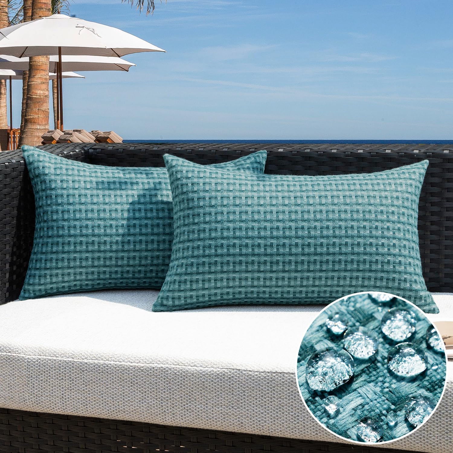 Kevin Textile Outdoor Waterproof Throw Pillow Covers Pack of 2 Weaving Texture Water Resistant Outside Decorative Cushion Covers for Garden Patio Tent Balcony Bench Couch Sofa 18x18 Inch, Navy Blue
