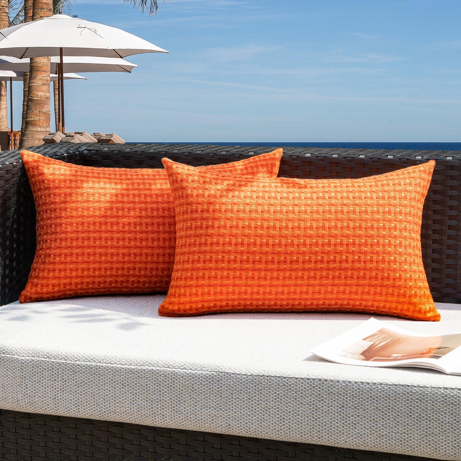 Kevin Textile Outdoor Waterproof Throw Pillow Covers Pack of 2 Weaving Texture Water Resistant Outside Decorative Cushion Covers for Garden Patio Tent Balcony Bench Couch Sofa 18x18 Inch, Navy Blue