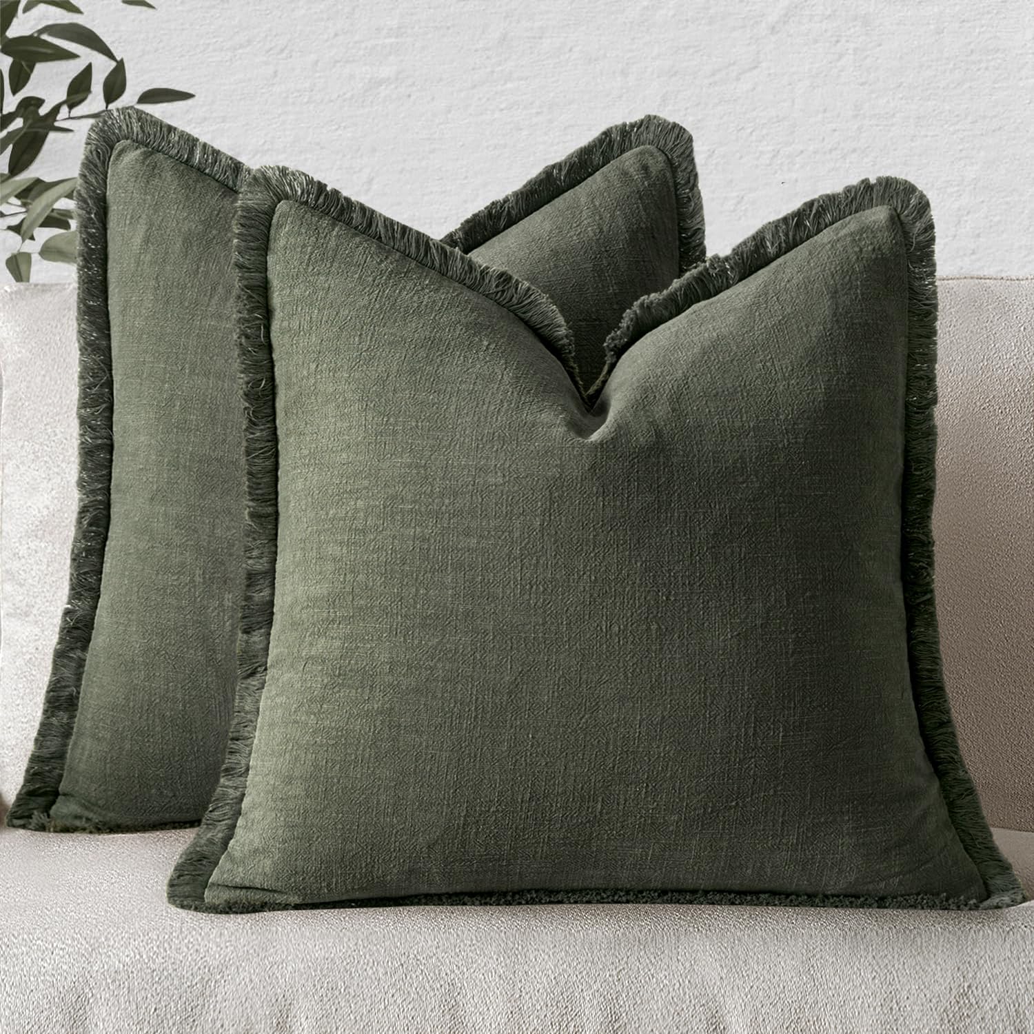 MIULEE Decorative Throw Pillow Covers Neutral Linen Fringe Throw Pillows Set of 2 Olive Green Boho Farmhouse Cushion Covers with Tassels for Couch Sofa Bed Living Room Spring Home Decor 20x20 Inch
