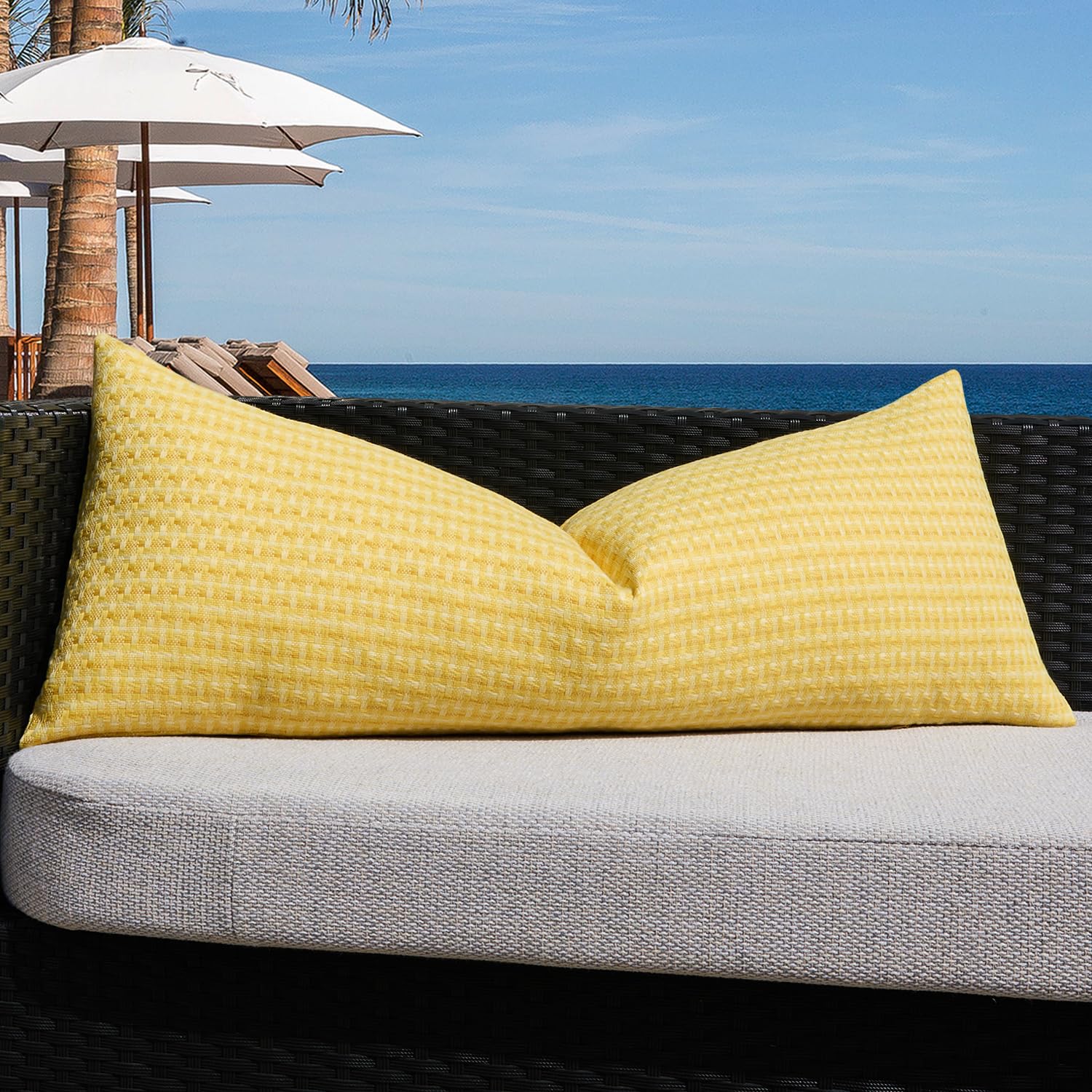Kevin Textile Outdoor Waterproof Throw Pillow Covers Pack of 2 Weaving Texture Water Resistant Outside Decorative Cushion Covers for Garden Patio Tent Balcony Bench Couch Sofa 18x18 Inch, Navy Blue