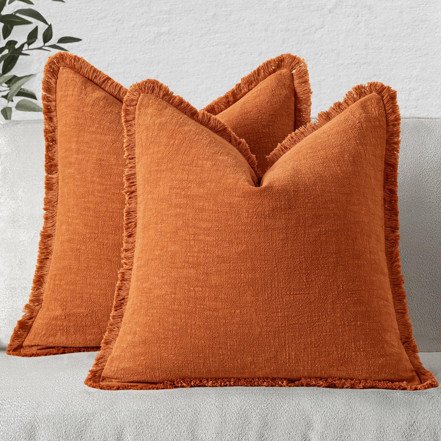 MIULEE Decorative Throw Pillow Covers Neutral Linen Fringe Throw Pillows Set of 2 Olive Green Boho Farmhouse Cushion Covers with Tassels for Couch Sofa Bed Living Room Spring Home Decor 20x20 Inch