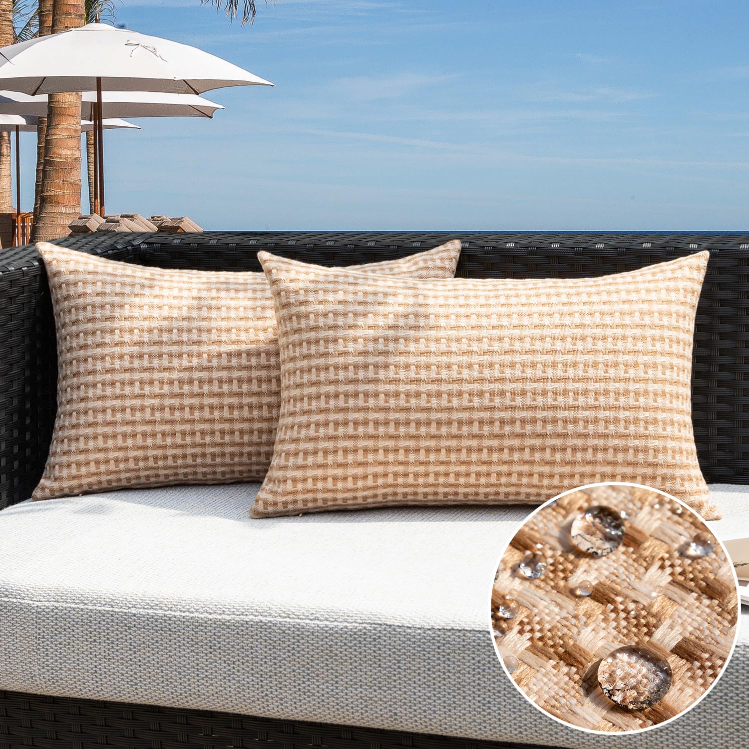 Kevin Textile Outdoor Waterproof Throw Pillow Covers Pack of 2 Weaving Texture Water Resistant Outside Decorative Cushion Covers for Garden Patio Tent Balcony Bench Couch Sofa 18x18 Inch, Navy Blue