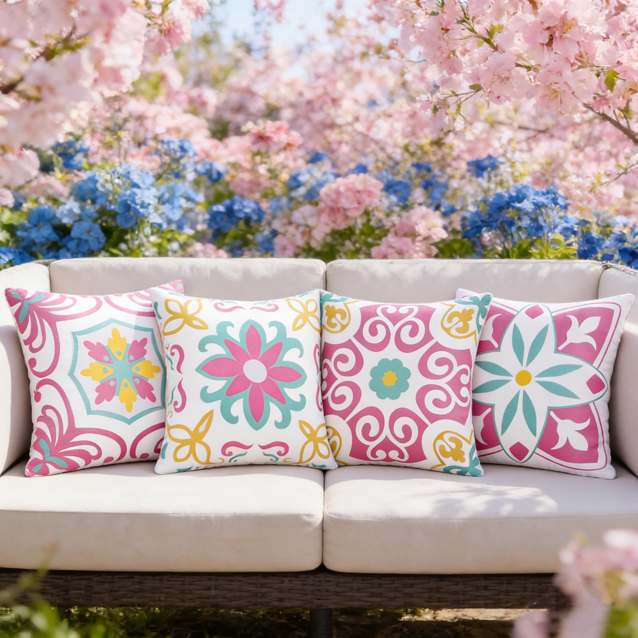 Pyonic Outdoor Waterproof Throw Pillow Covers Set of 4 Floral Printed and Boho Farmhouse Summer Outdoor Pillow Covers for Patio Funiture Garden 18x18 Inch Blue