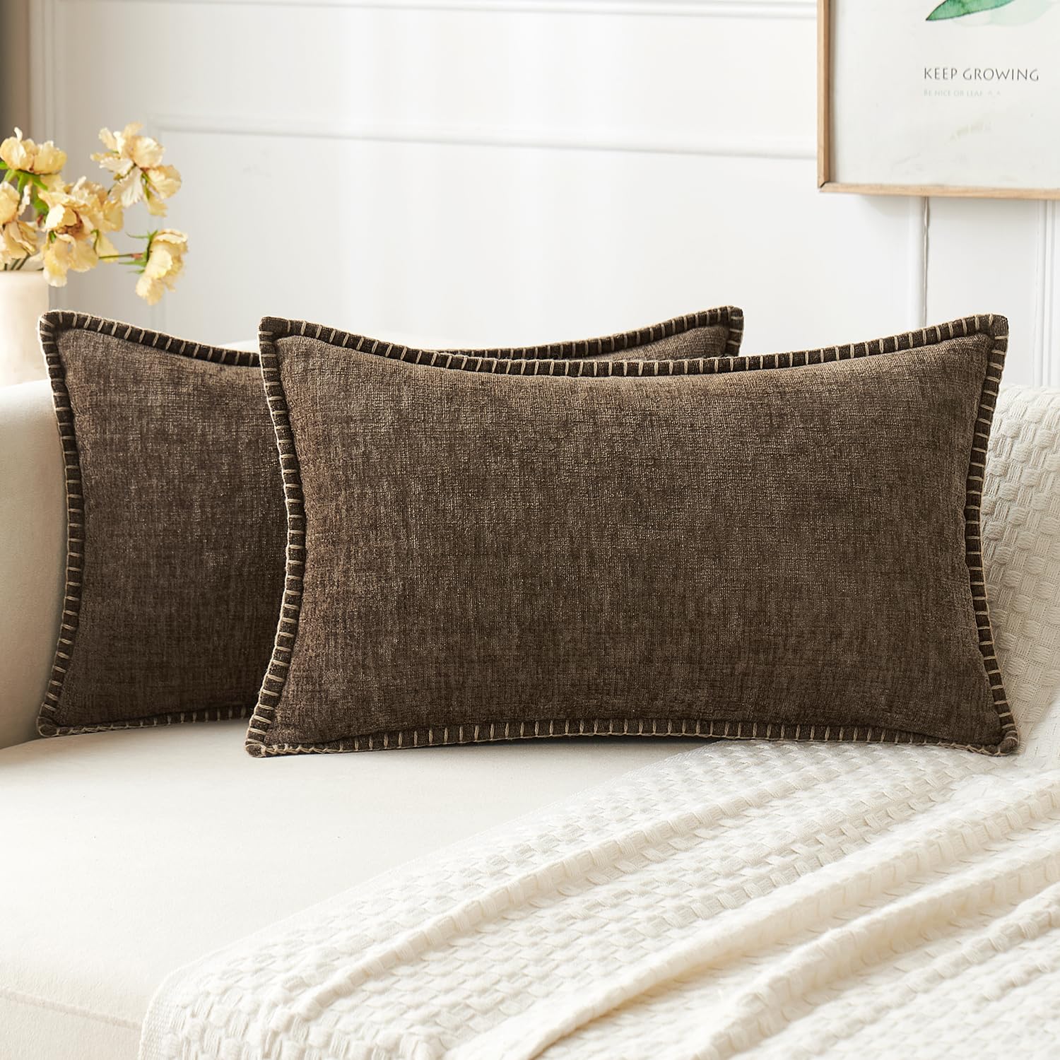 MIULEE Pack of 2 Couch Throw Pillow Covers 18x18 Inch Sage Green Farmhouse Decorative Pillow Covers with Stitched Edge Soft Chenille Solid Dyed Summer Pillow Covers for Sofa Bed Living Room